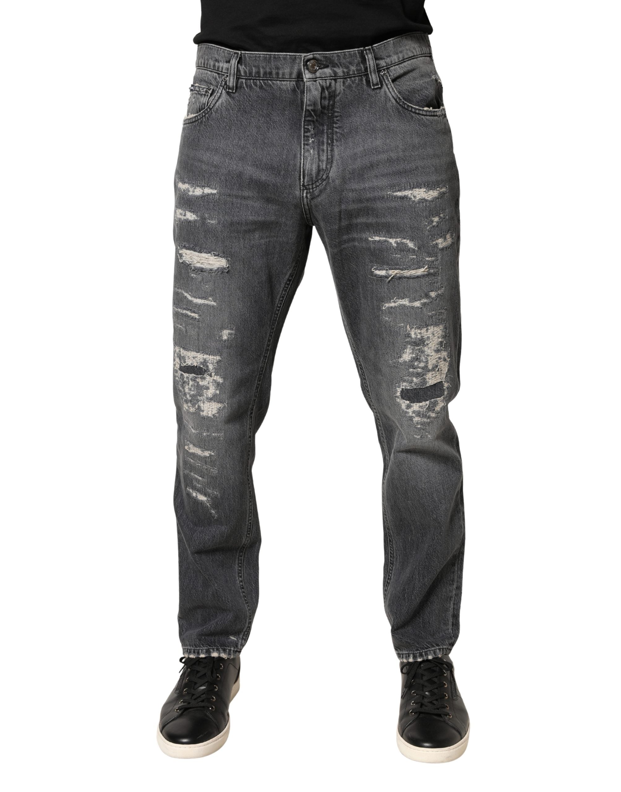 Dolce & Gabbana Dark Gray Tattered Cotton Loose Denim Jeans Dolce & Gabbana