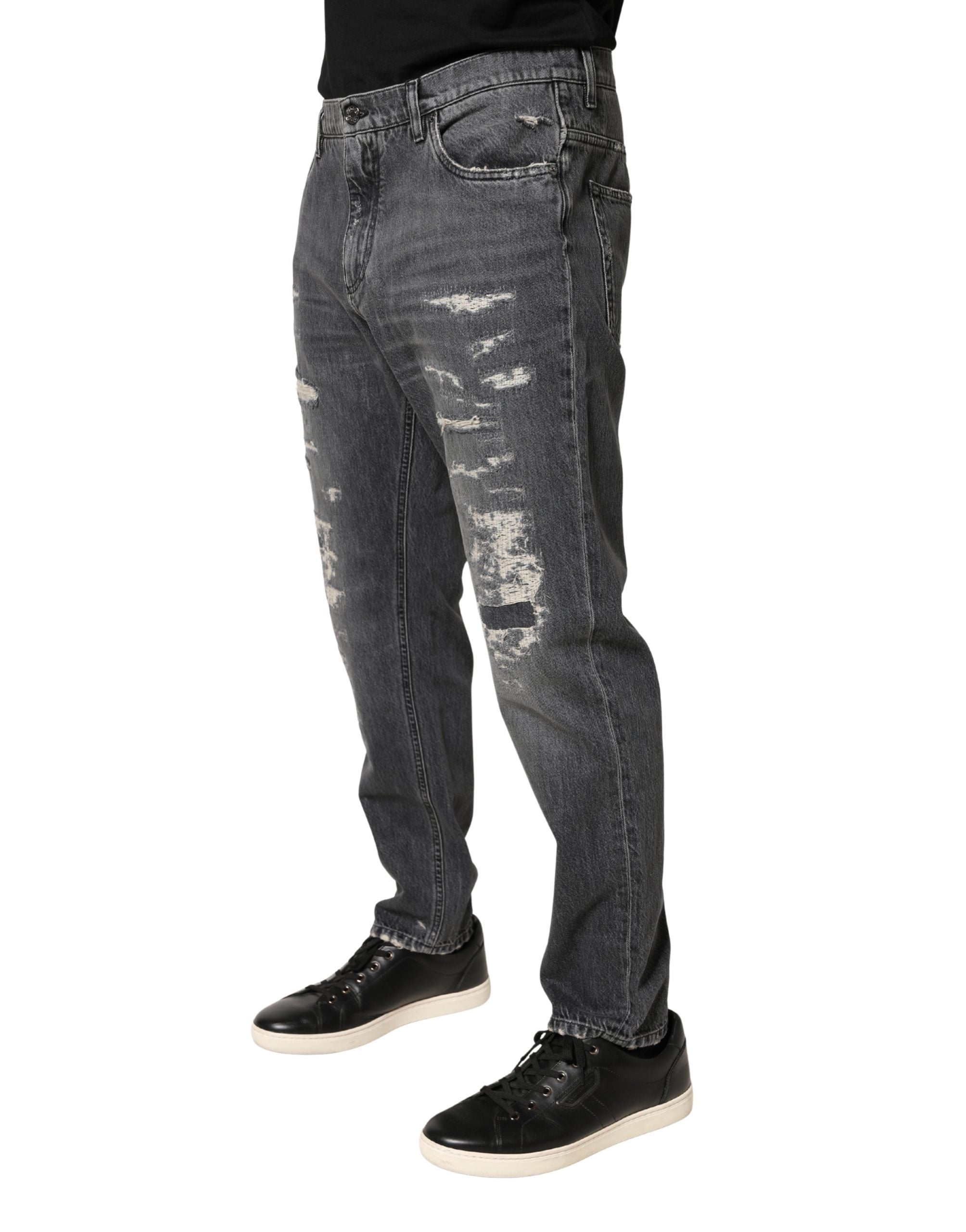 Dolce & Gabbana Dark Gray Tattered Cotton Loose Denim Jeans Dolce & Gabbana