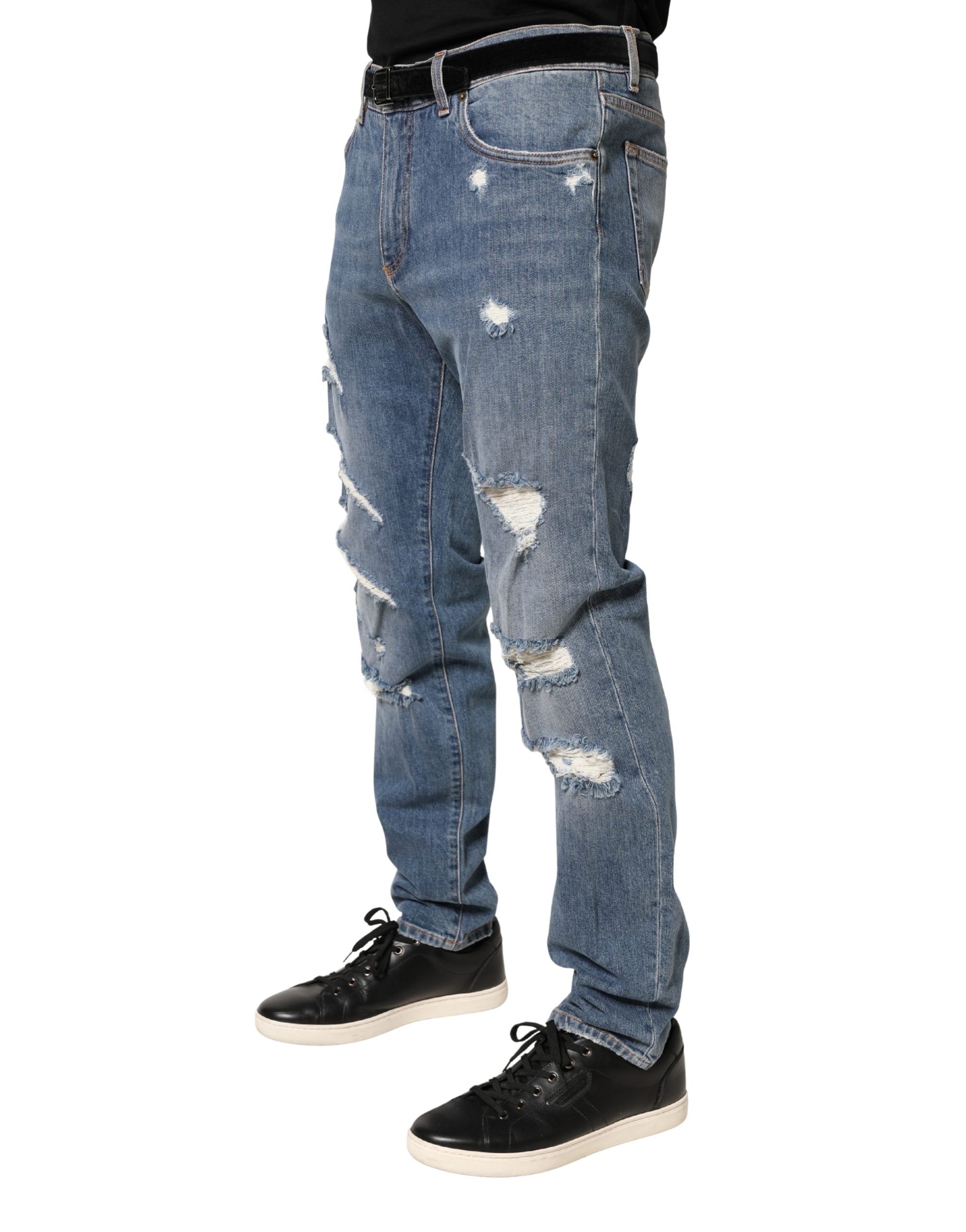Dolce & Gabbana Blue Tattered Slim Fit Cotton Denim Jeans Dolce & Gabbana