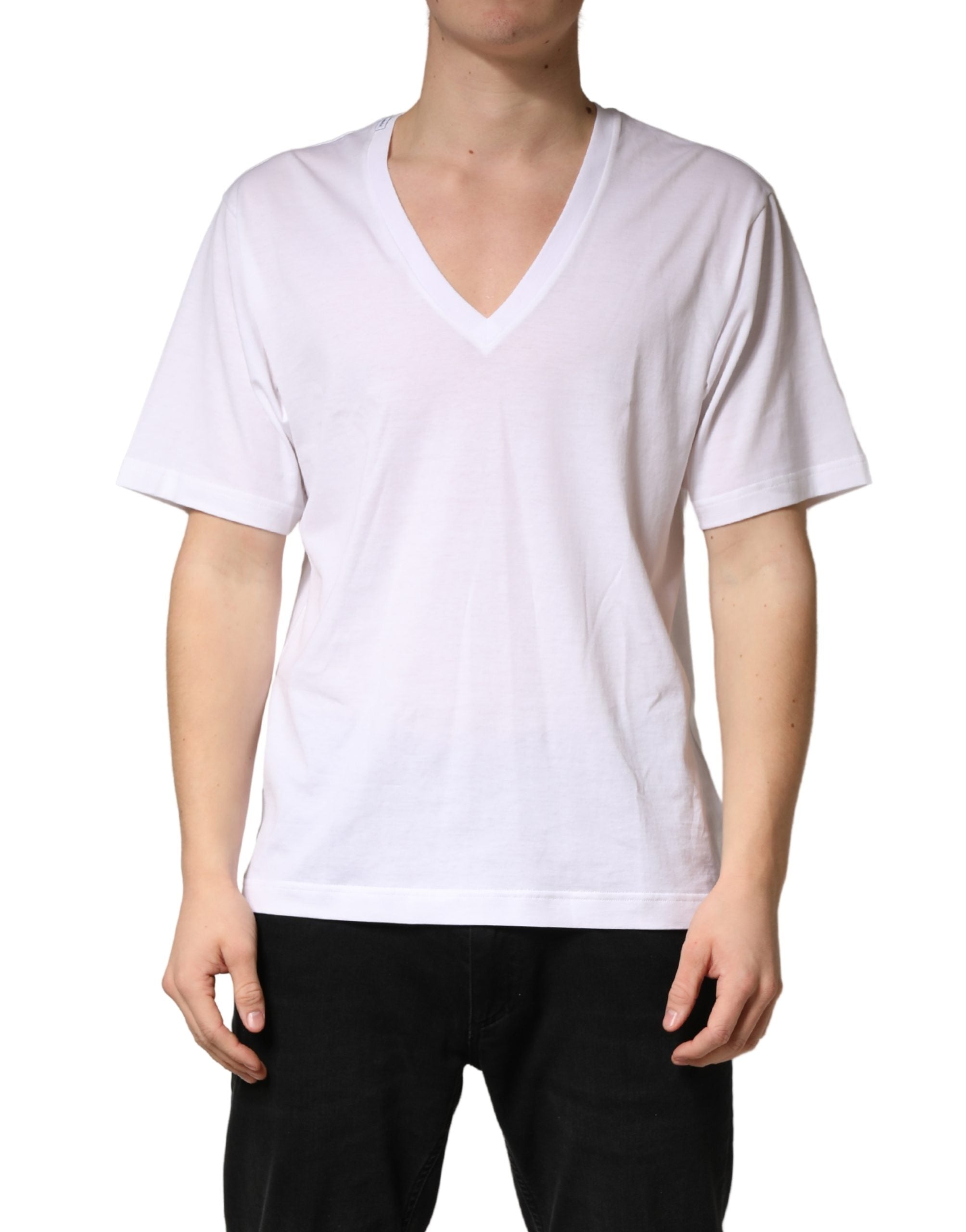 Dolce & Gabbana White Cotton Plain V-Neck Men Shirt T-shirt Dolce & Gabbana