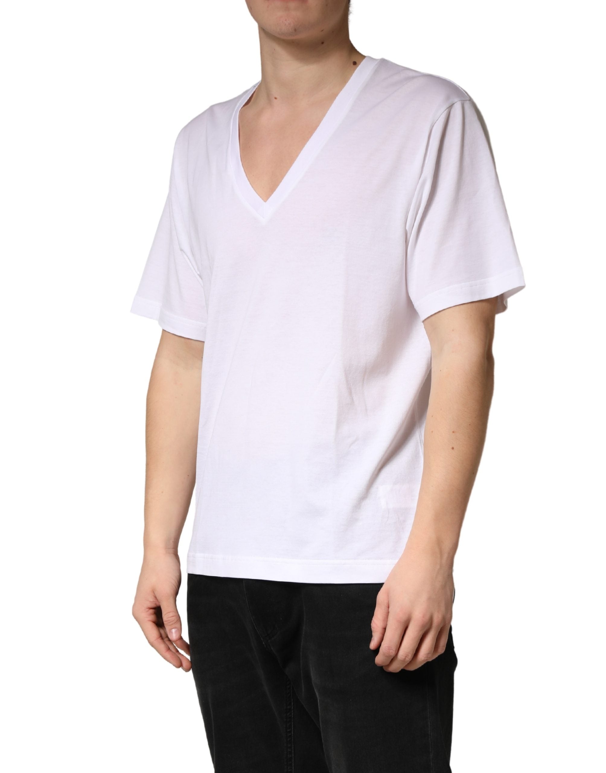 Dolce & Gabbana White Cotton Plain V-Neck Men Shirt T-shirt Dolce & Gabbana