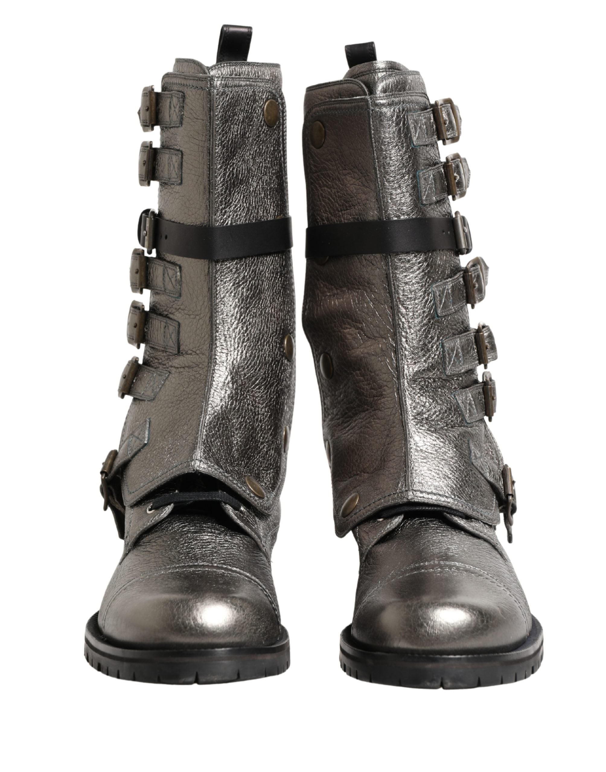 Dolce & Gabbana Metallic Silver Combat Biker Mid Calf Boots Shoes Dolce & Gabbana