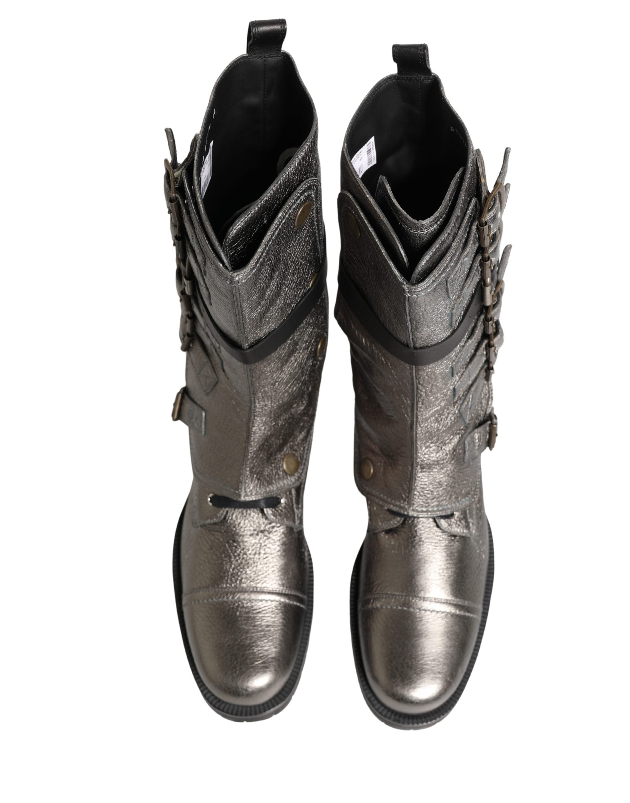 Dolce & Gabbana Metallic Silver Combat Biker Mid Calf Boots Shoes Dolce & Gabbana