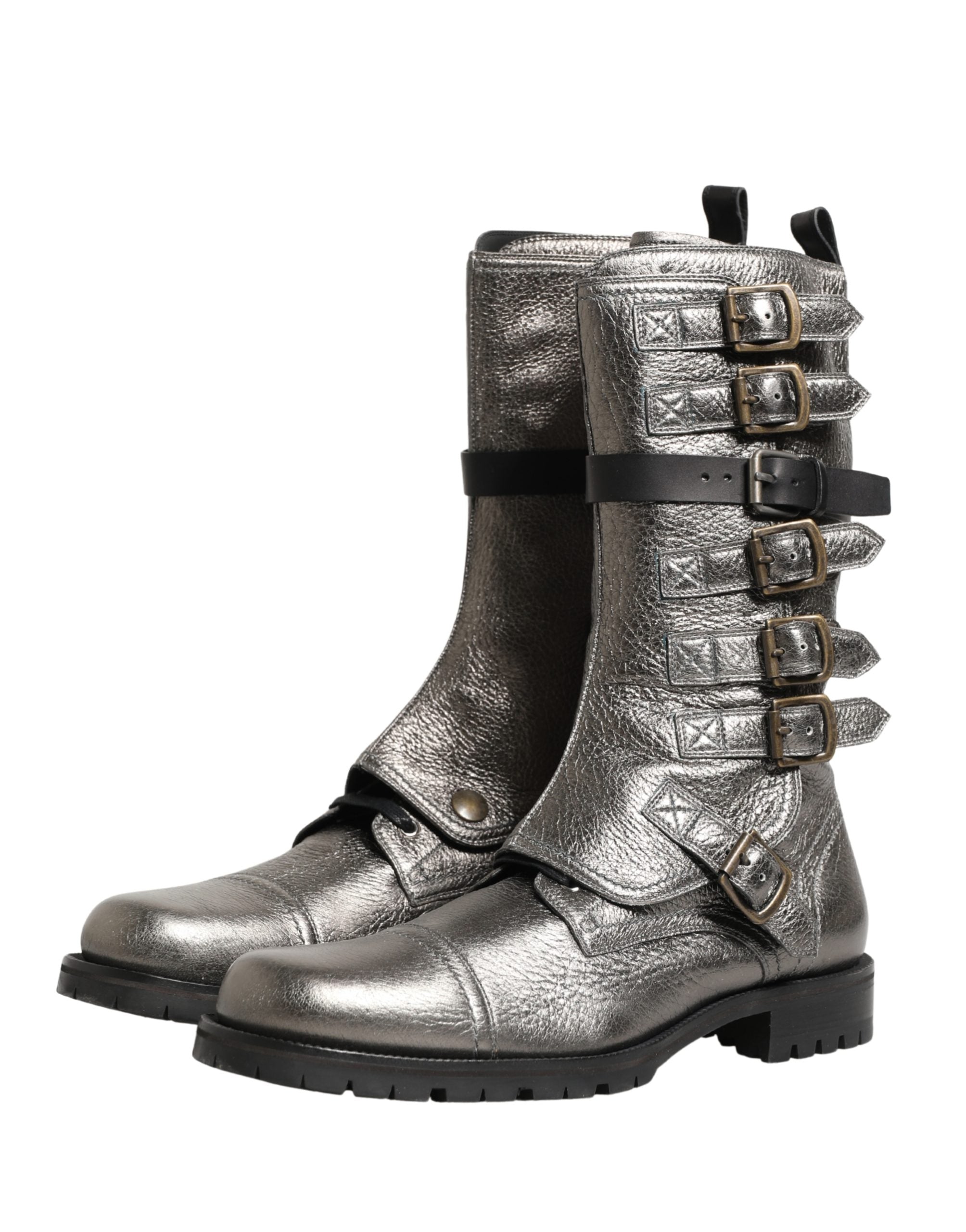 Dolce & Gabbana Metallic Silver Combat Biker Mid Calf Boots Shoes Dolce & Gabbana