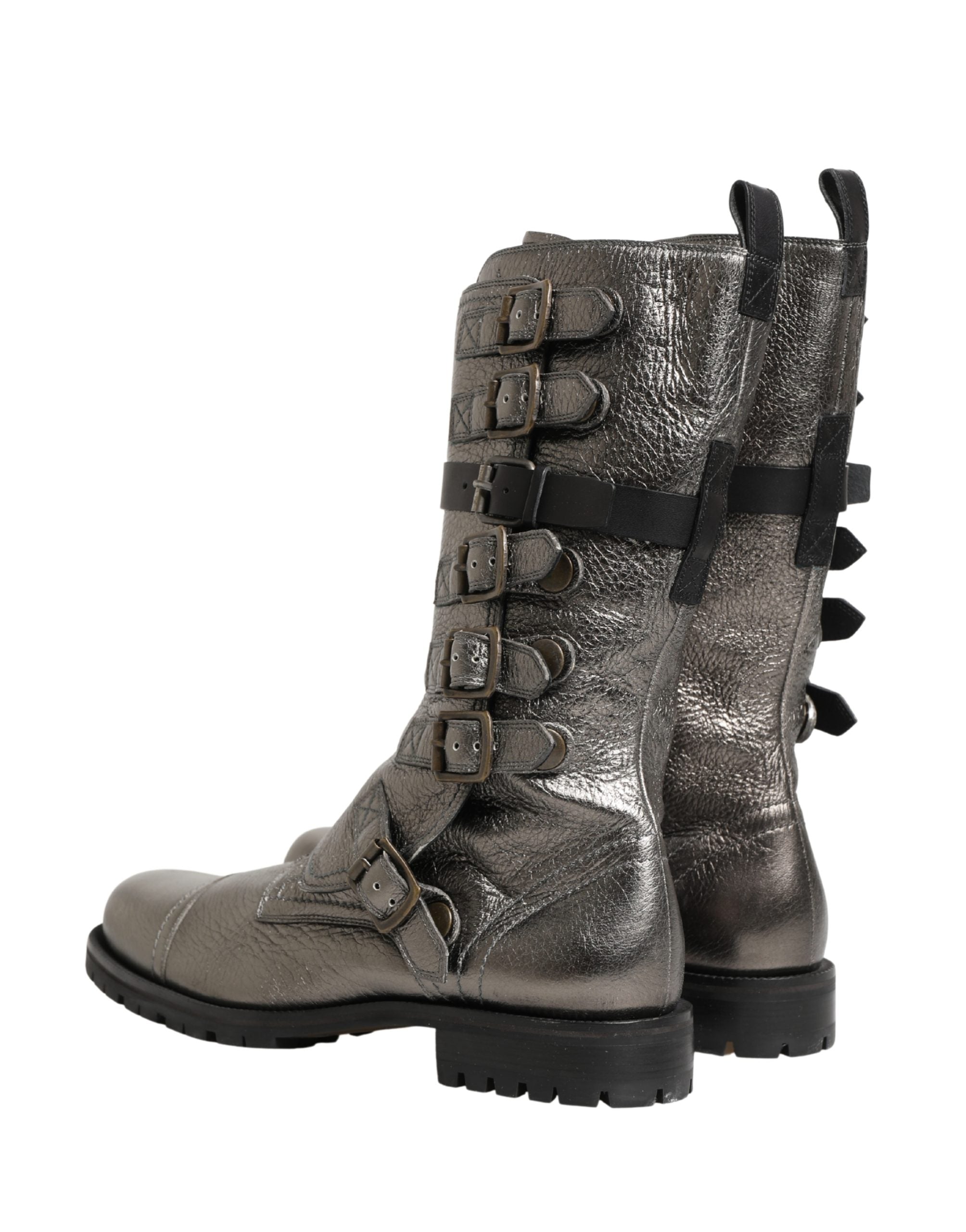 Dolce & Gabbana Metallic Silver Combat Biker Mid Calf Boots Shoes Dolce & Gabbana