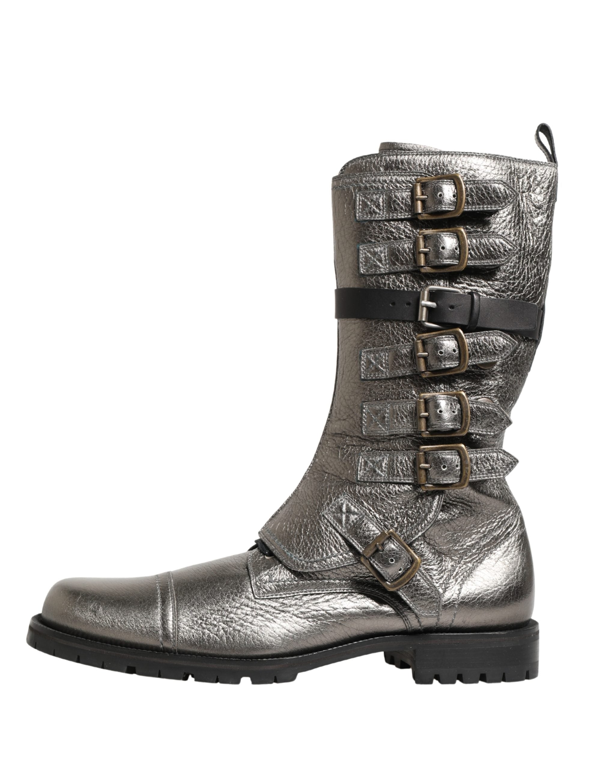 Dolce & Gabbana Metallic Silver Combat Biker Mid Calf Boots Shoes Dolce & Gabbana