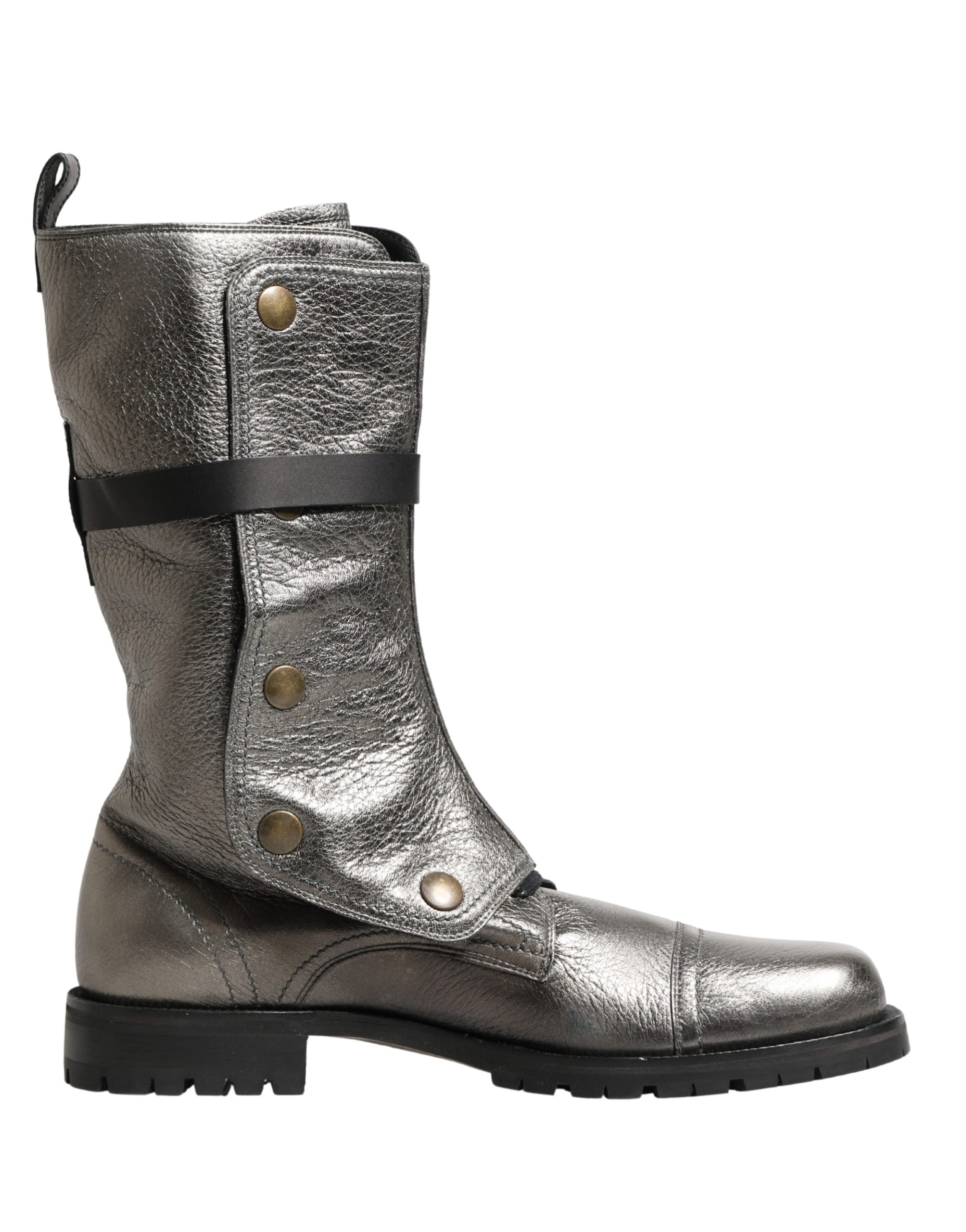 Dolce & Gabbana Metallic Silver Combat Biker Mid Calf Boots Shoes Dolce & Gabbana