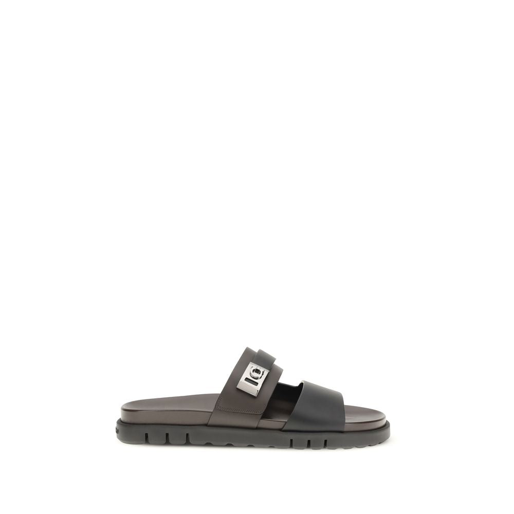 Ferragamo Black Calf Leather Bos Taurus Flat Sandals Ferragamo