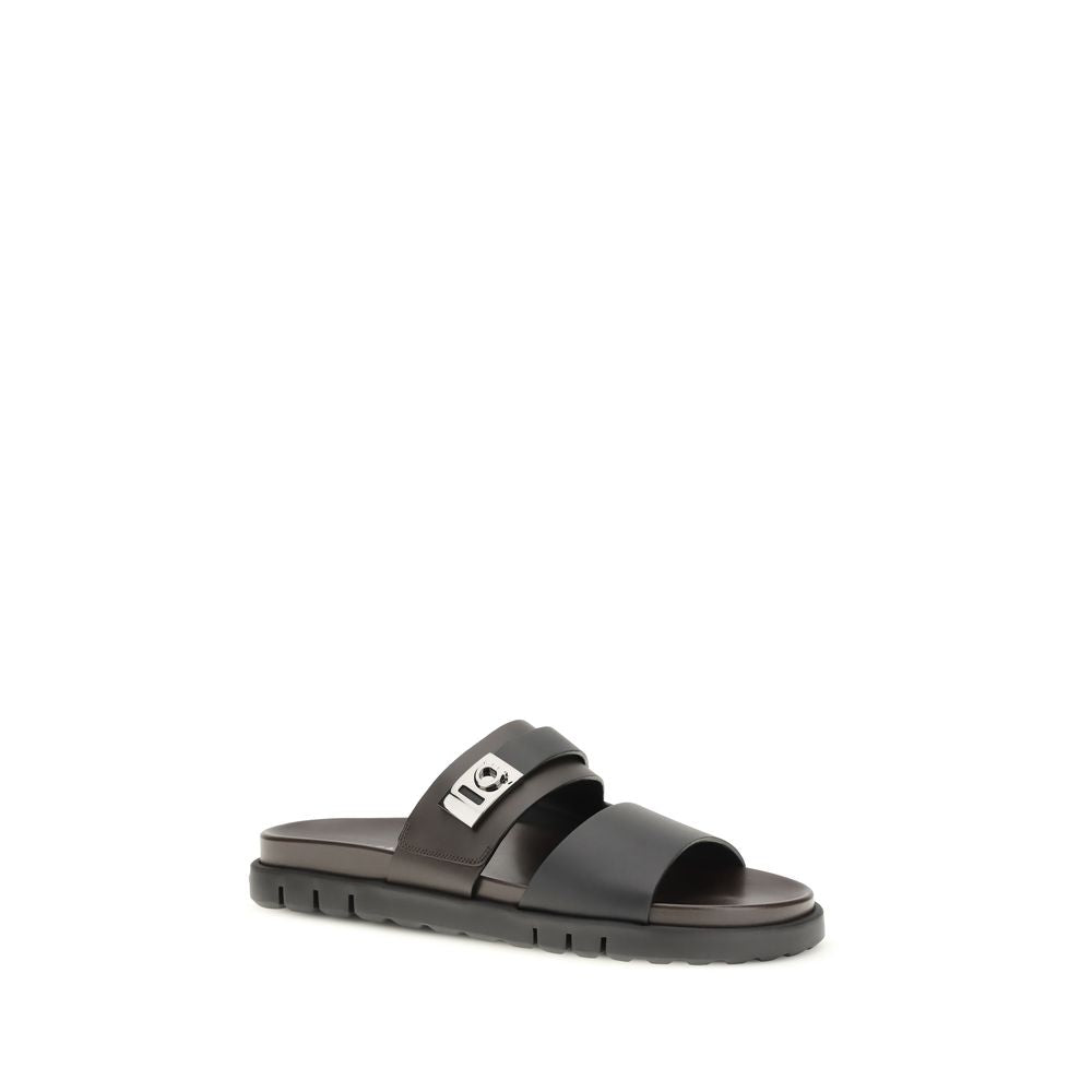 Ferragamo Black Calf Leather Bos Taurus Flat Sandals Ferragamo