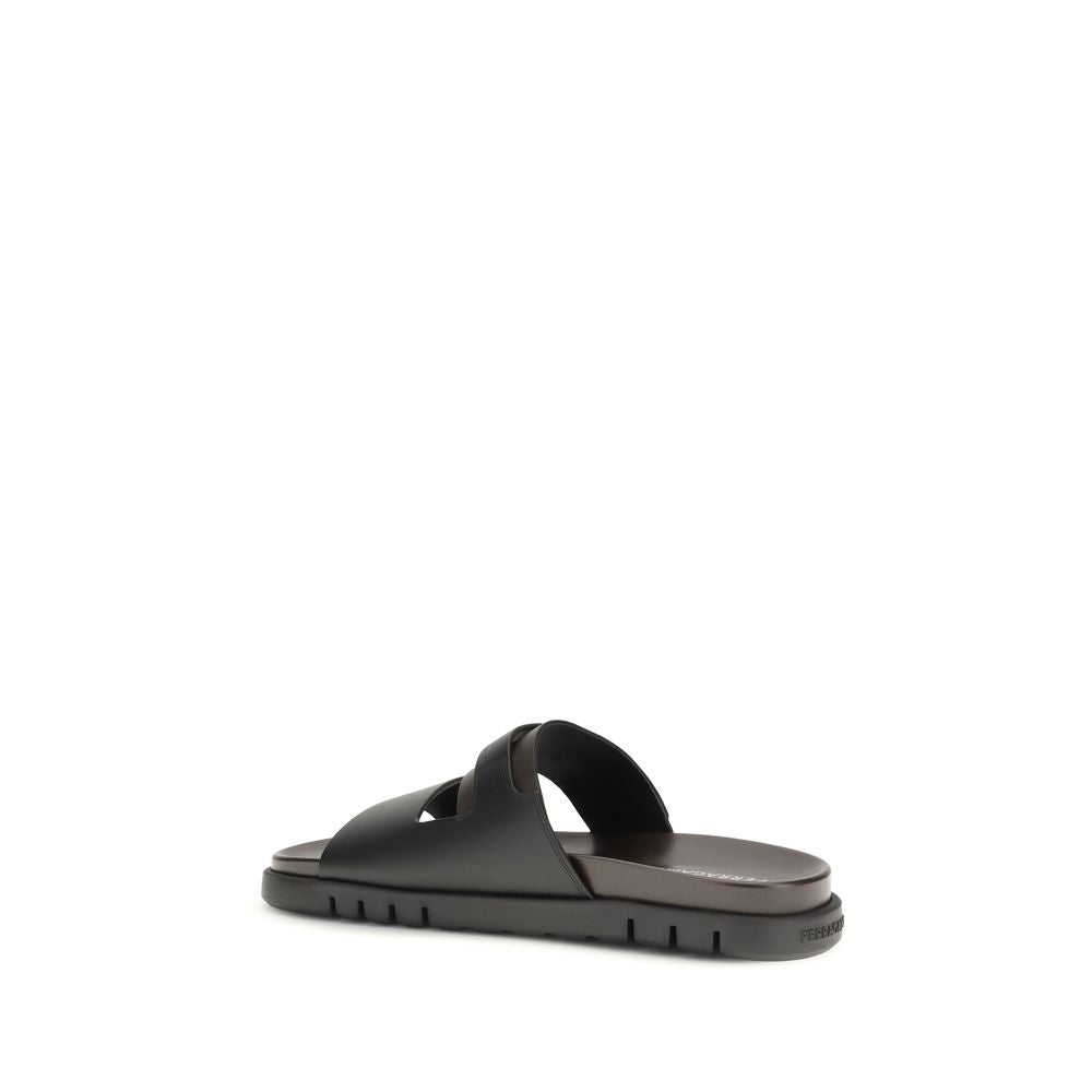 Ferragamo Black Calf Leather Bos Taurus Flat Sandals Ferragamo