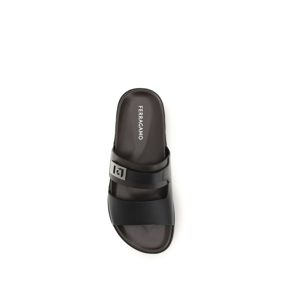 Ferragamo Black Calf Leather Bos Taurus Flat Sandals Ferragamo
