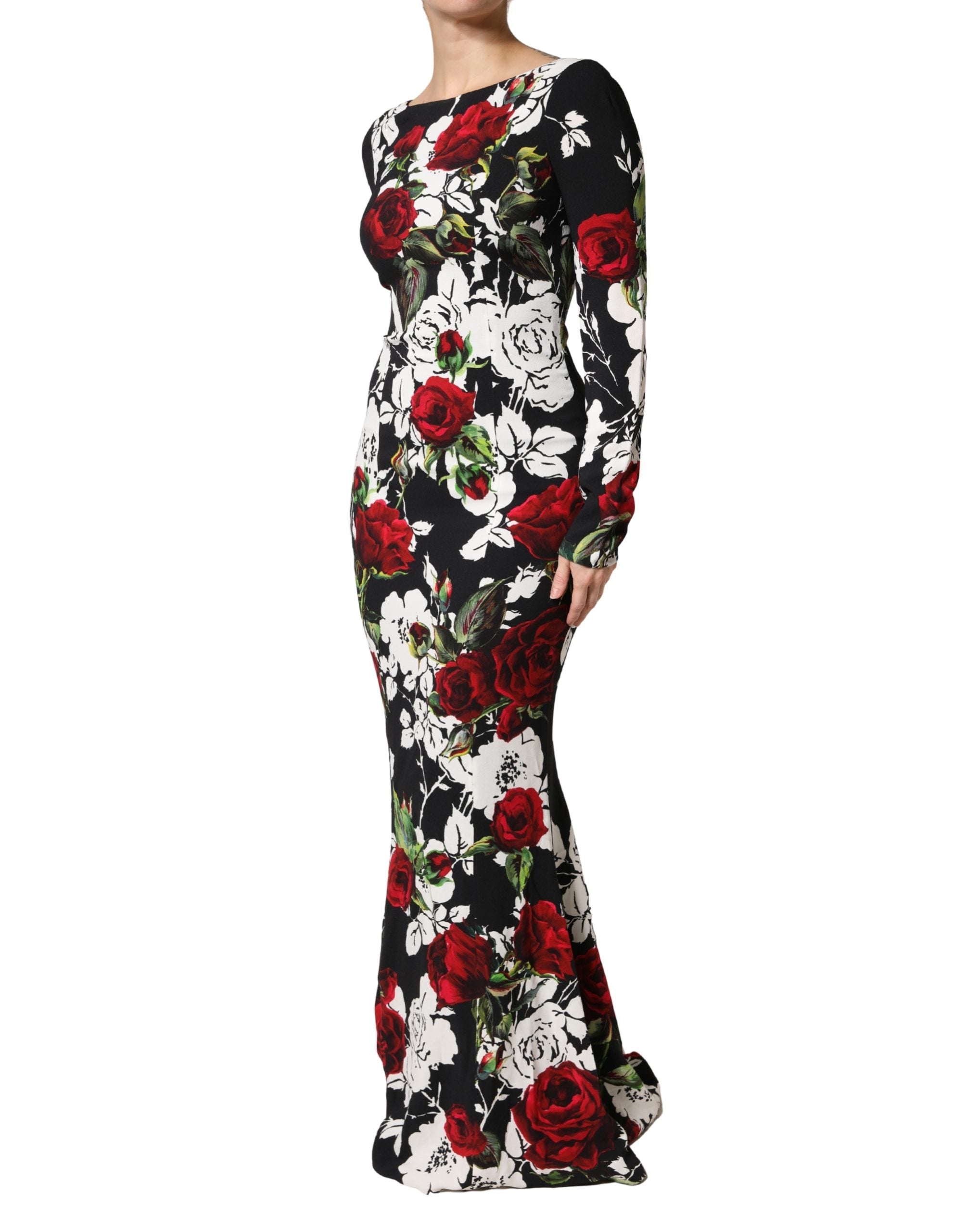 Dolce & Gabbana Black Floral Viscose Bodycon Long Gown Dress Dolce & Gabbana