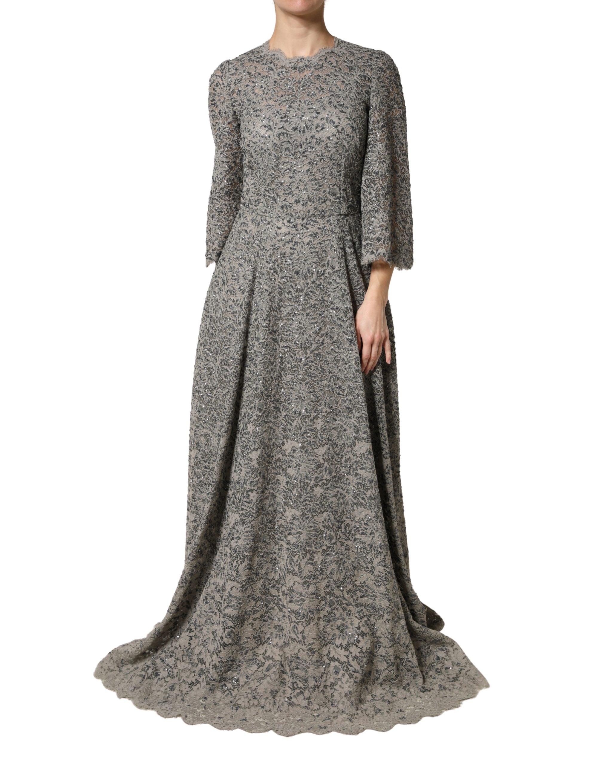 Dolce & Gabbana Gray Lace Long Sleeves Cotton Maxi Dress Dolce & Gabbana