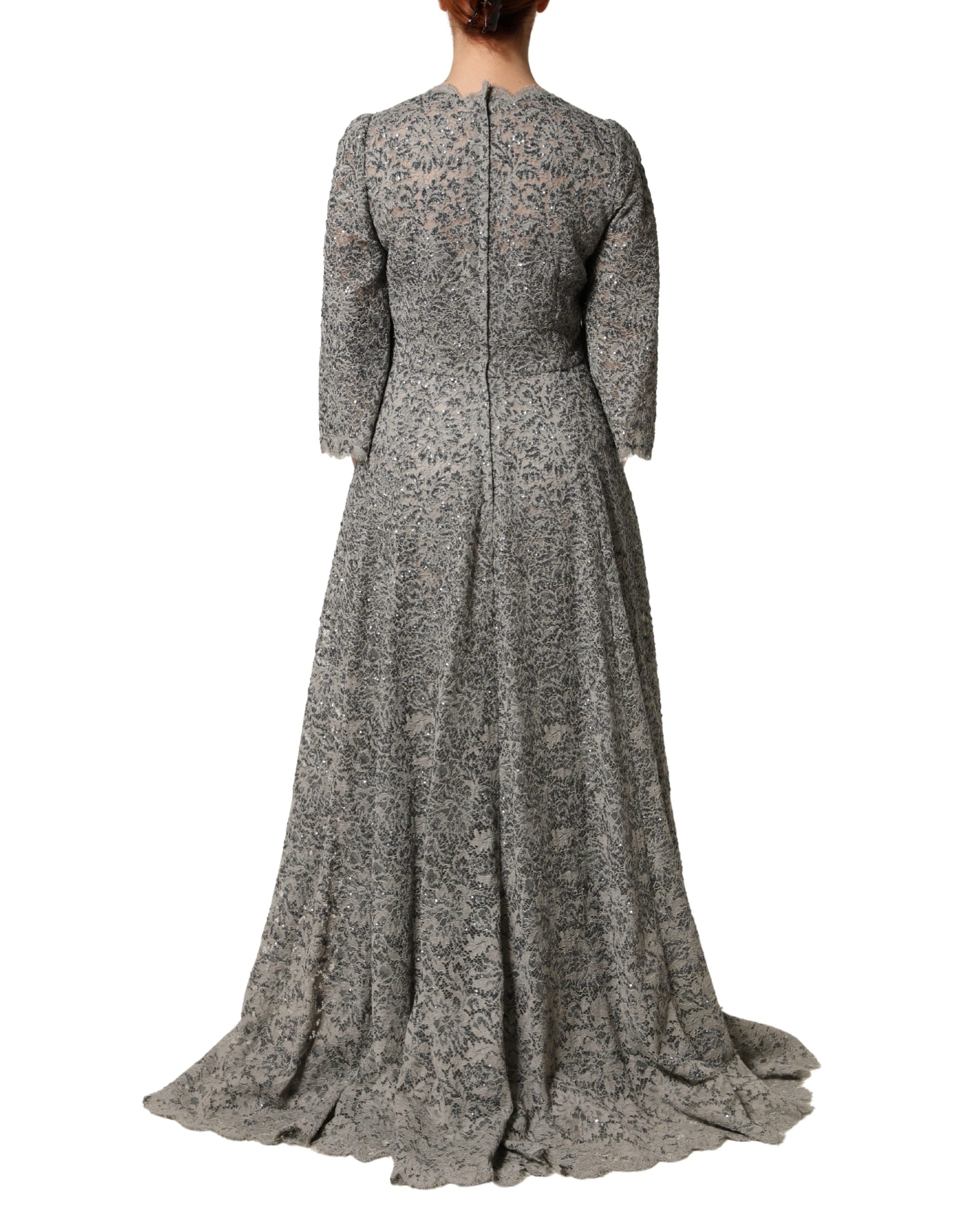 Dolce & Gabbana Gray Lace Long Sleeves Cotton Maxi Dress Dolce & Gabbana