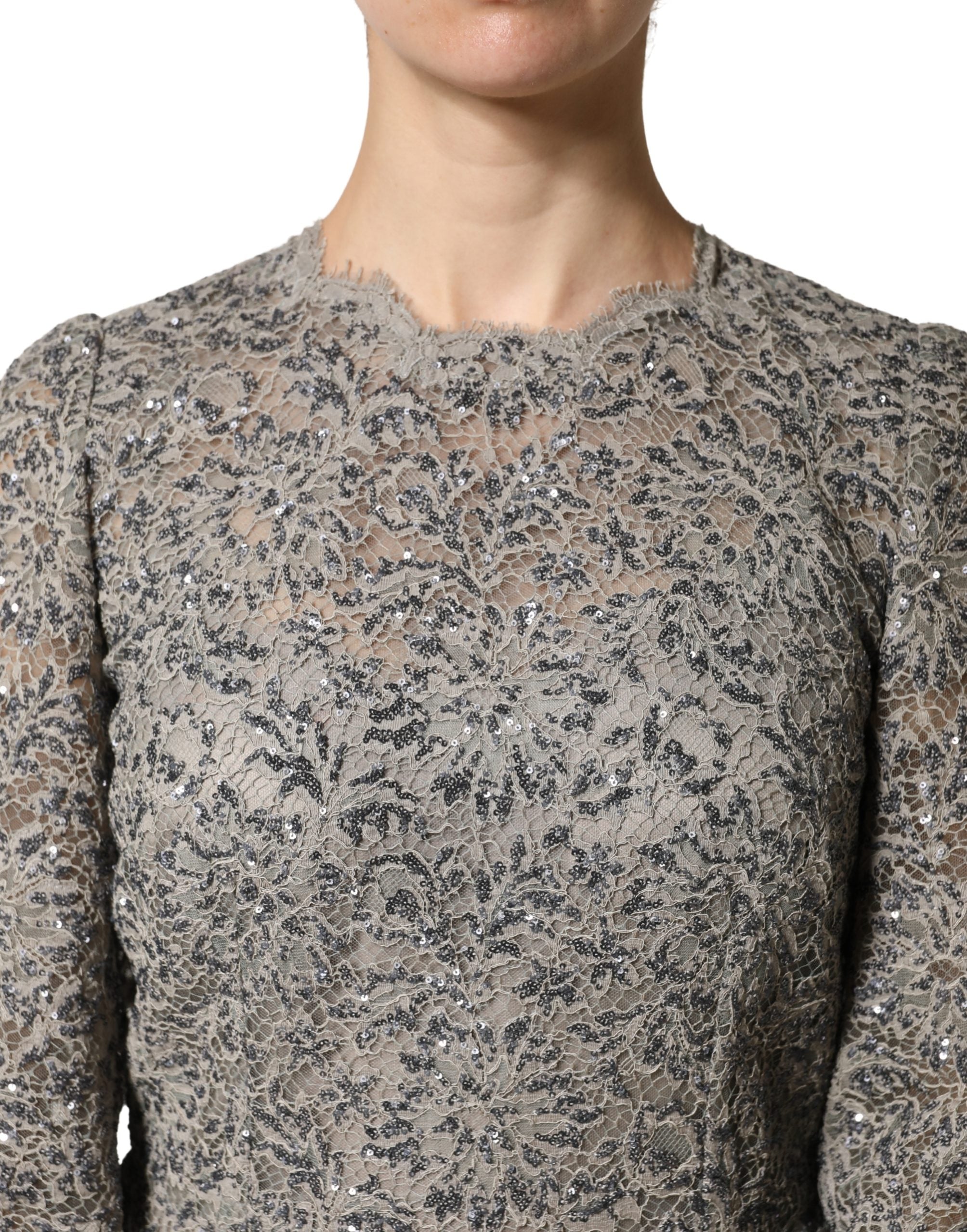 Dolce & Gabbana Gray Lace Long Sleeves Cotton Maxi Dress Dolce & Gabbana