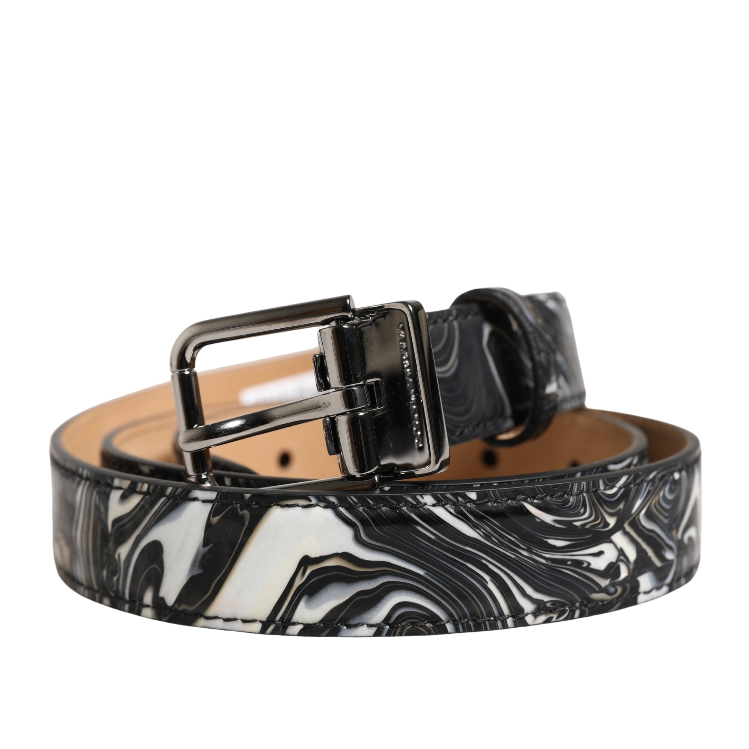 Dolce & Gabbana Men Black Marble Leather Metal Buckle Belt Dolce & Gabbana