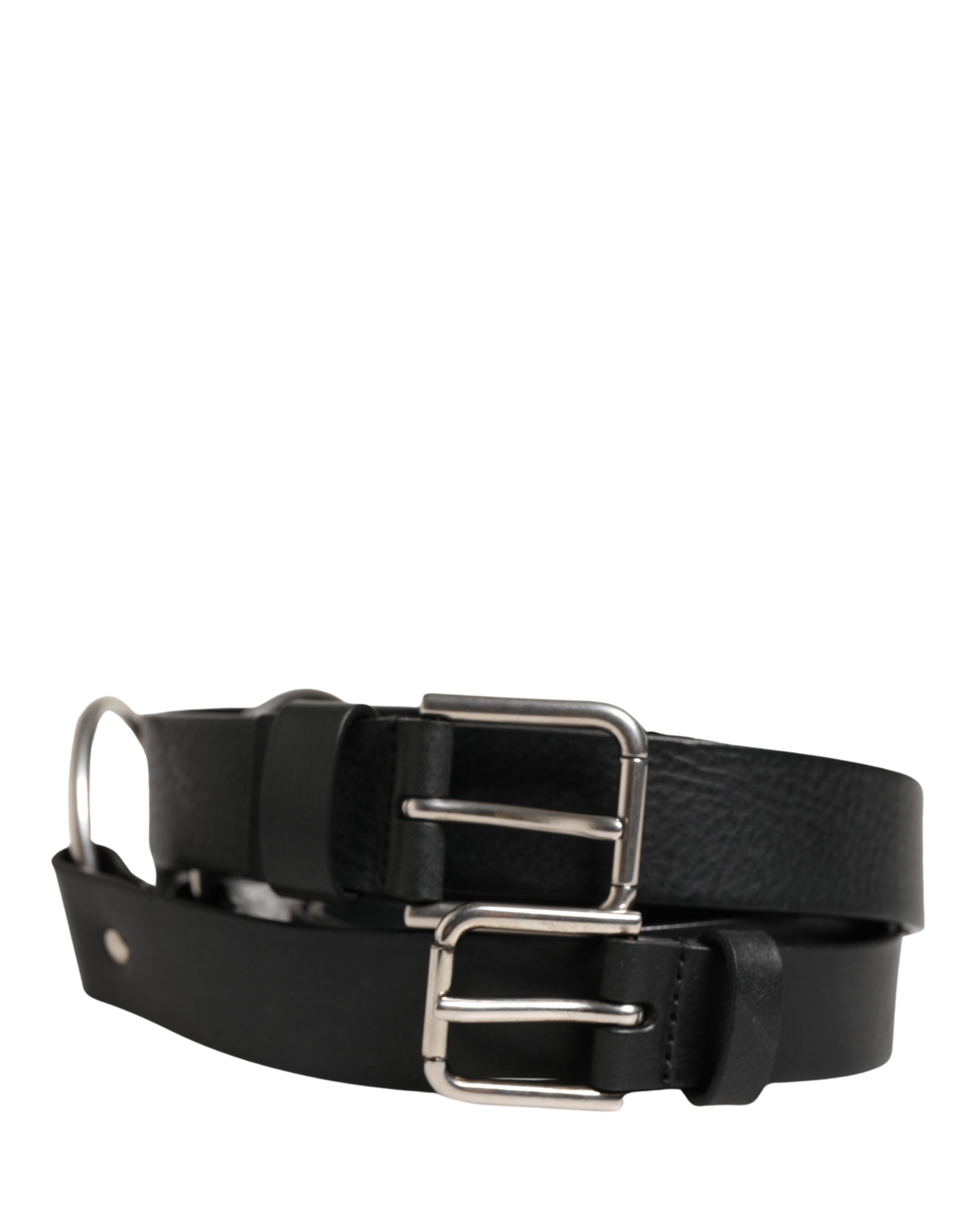 Dolce & Gabbana Black Double Strap Leather Silver Buckle Belt Dolce & Gabbana