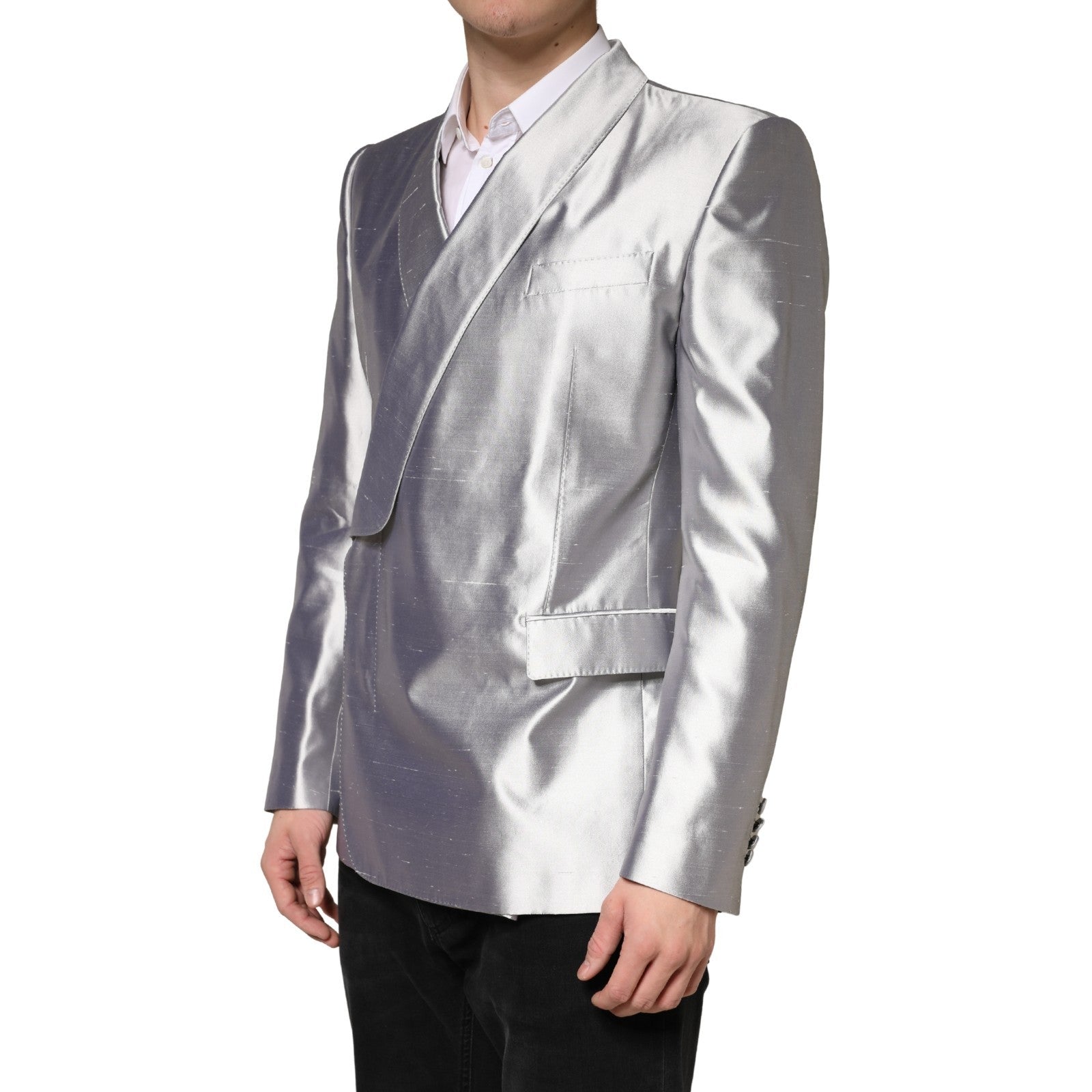 Dolce & Gabbana Silver SICILIA Silk Double Breasted Blazer Dolce & Gabbana
