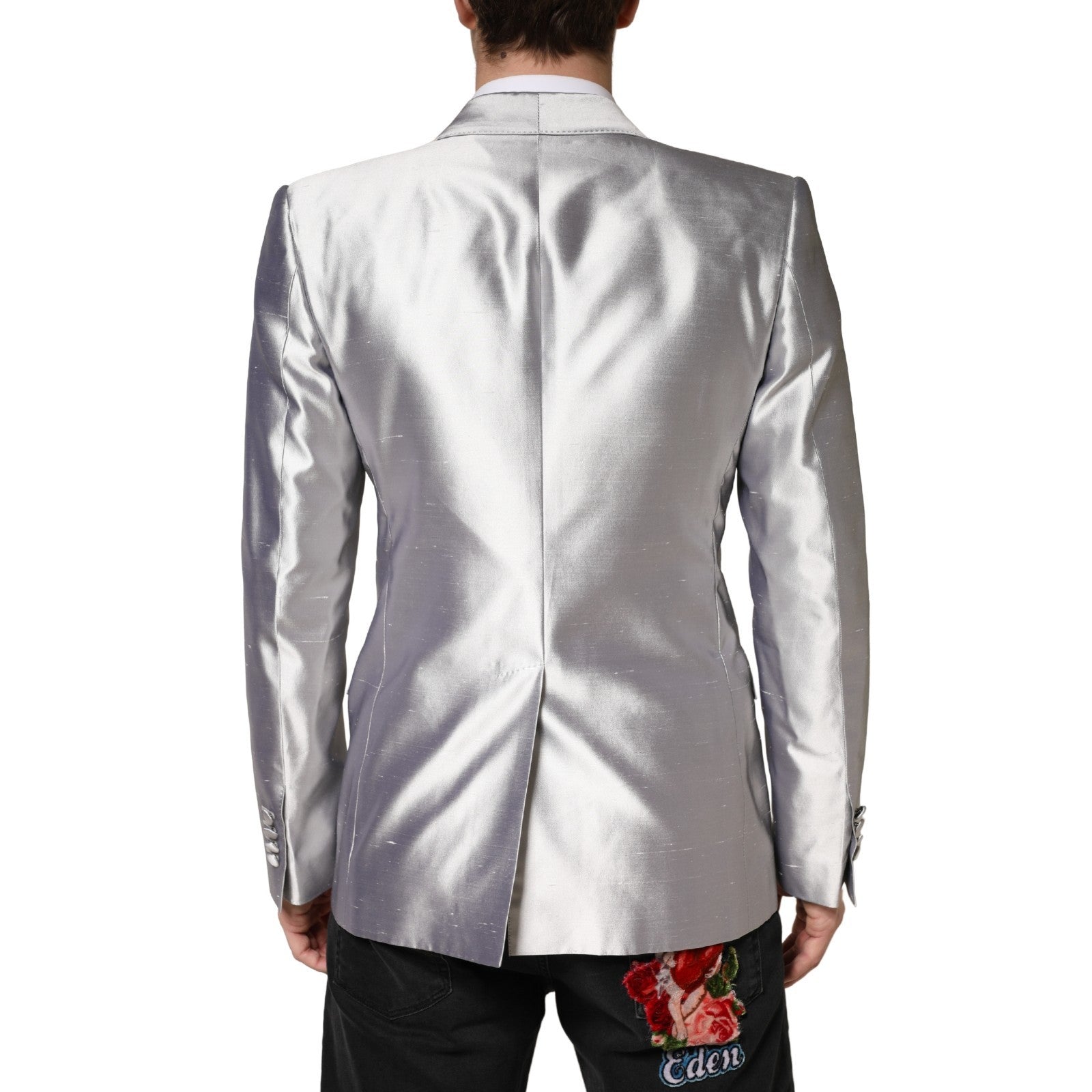 Dolce & Gabbana Silver SICILIA Silk Double Breasted Blazer Dolce & Gabbana