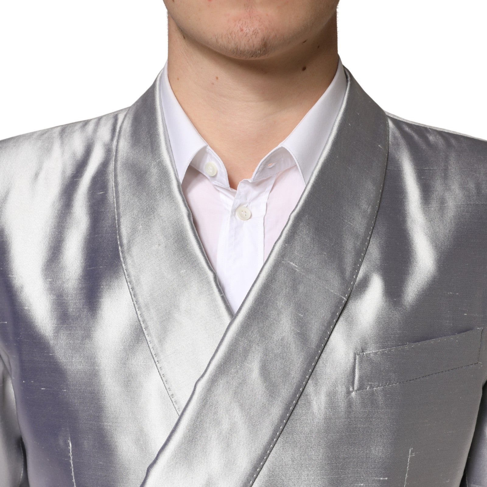 Dolce & Gabbana Silver SICILIA Silk Double Breasted Blazer Dolce & Gabbana