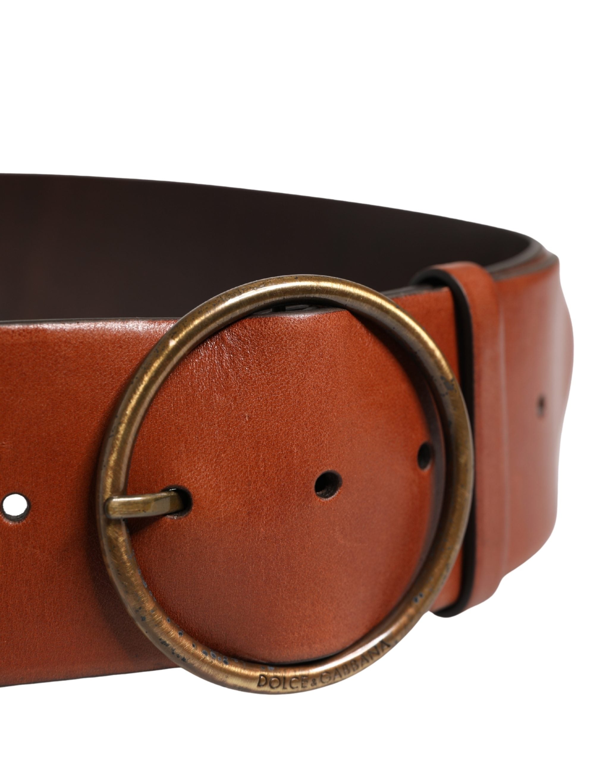 Dolce & Gabbana Men Brown Leather Wide Waist Metal Round Buckle Belt Dolce & Gabbana