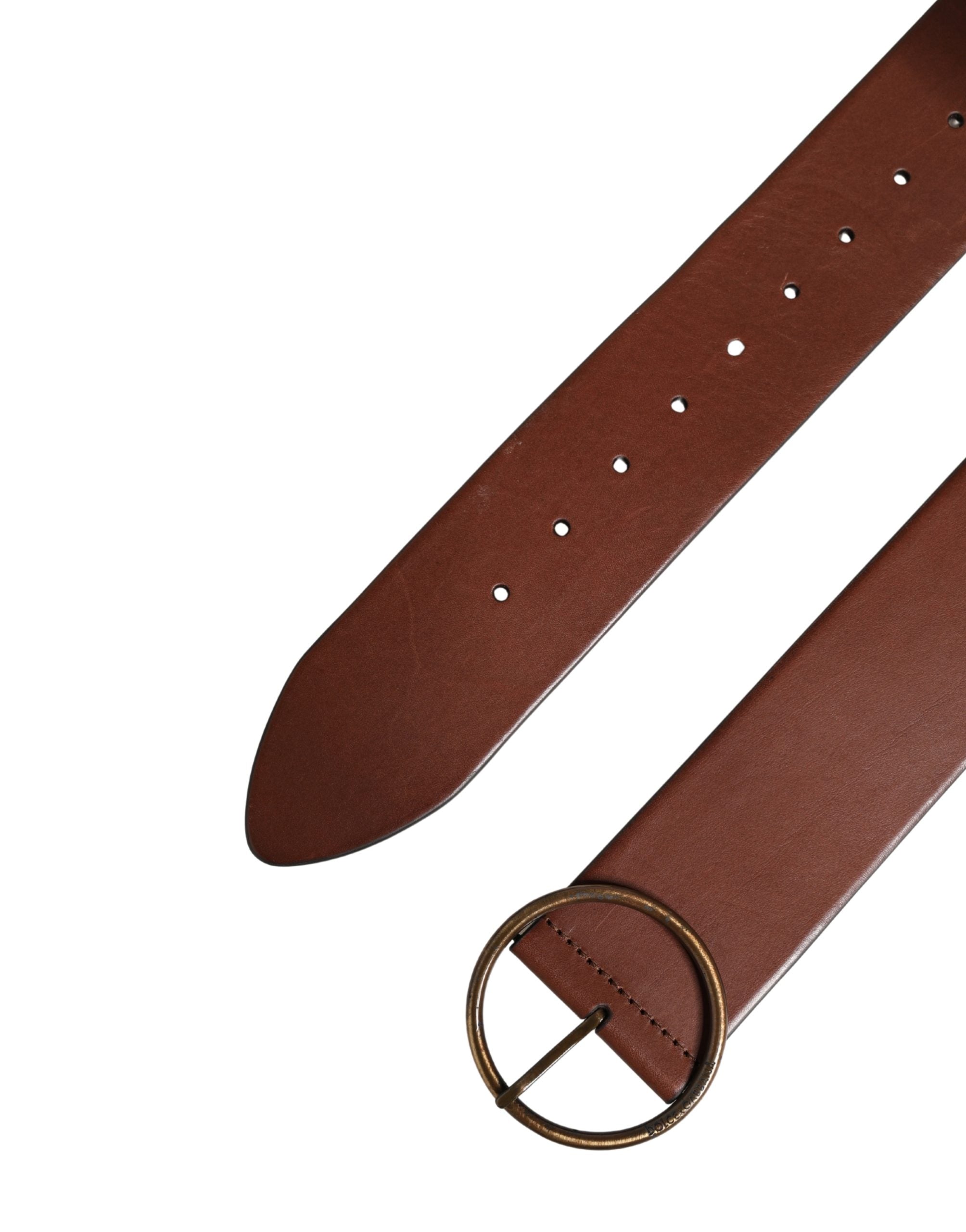 Dolce & Gabbana Brown Leather Wide Waist Metal Round Belt Dolce & Gabbana