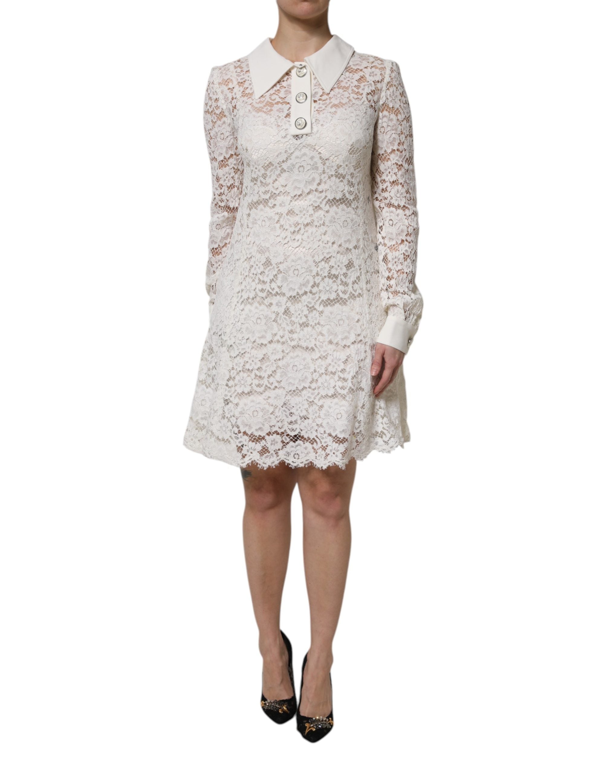 Dolce & Gabbana White Floral Lace Viscose Collared Mini Dress Dolce & Gabbana