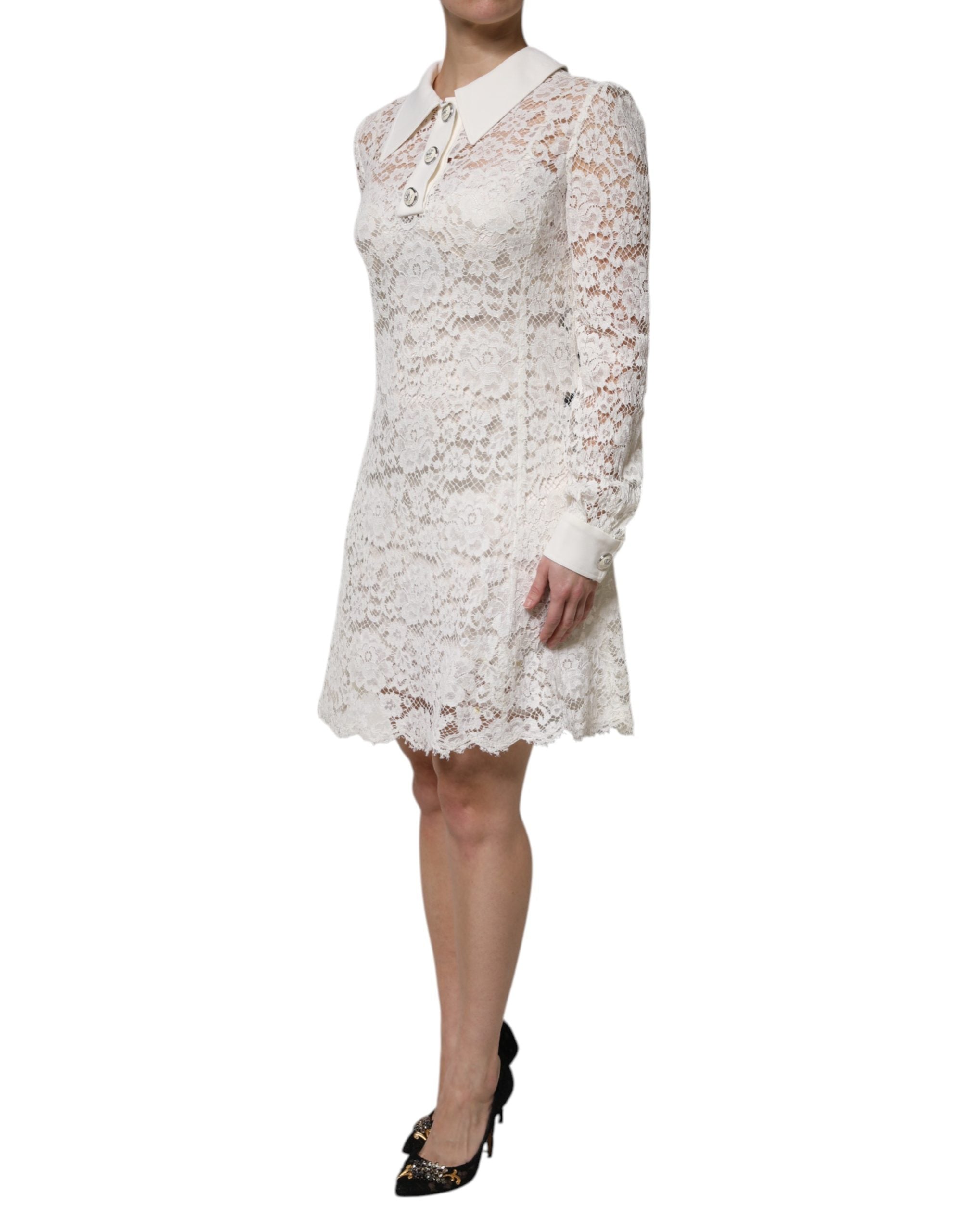 Dolce & Gabbana White Floral Lace Viscose Collared Mini Dress Dolce & Gabbana