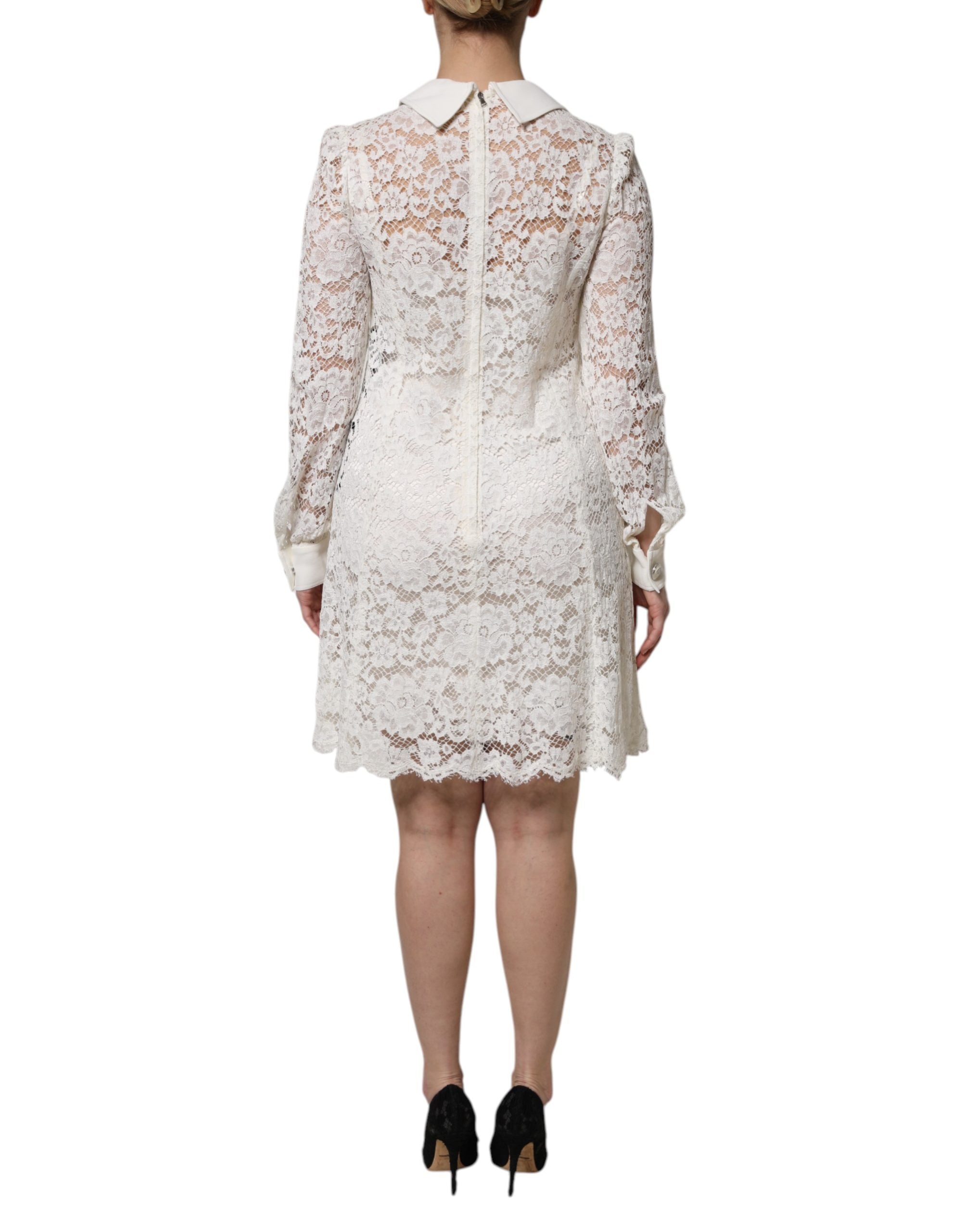 Dolce & Gabbana White Floral Lace Viscose Collared Mini Dress Dolce & Gabbana