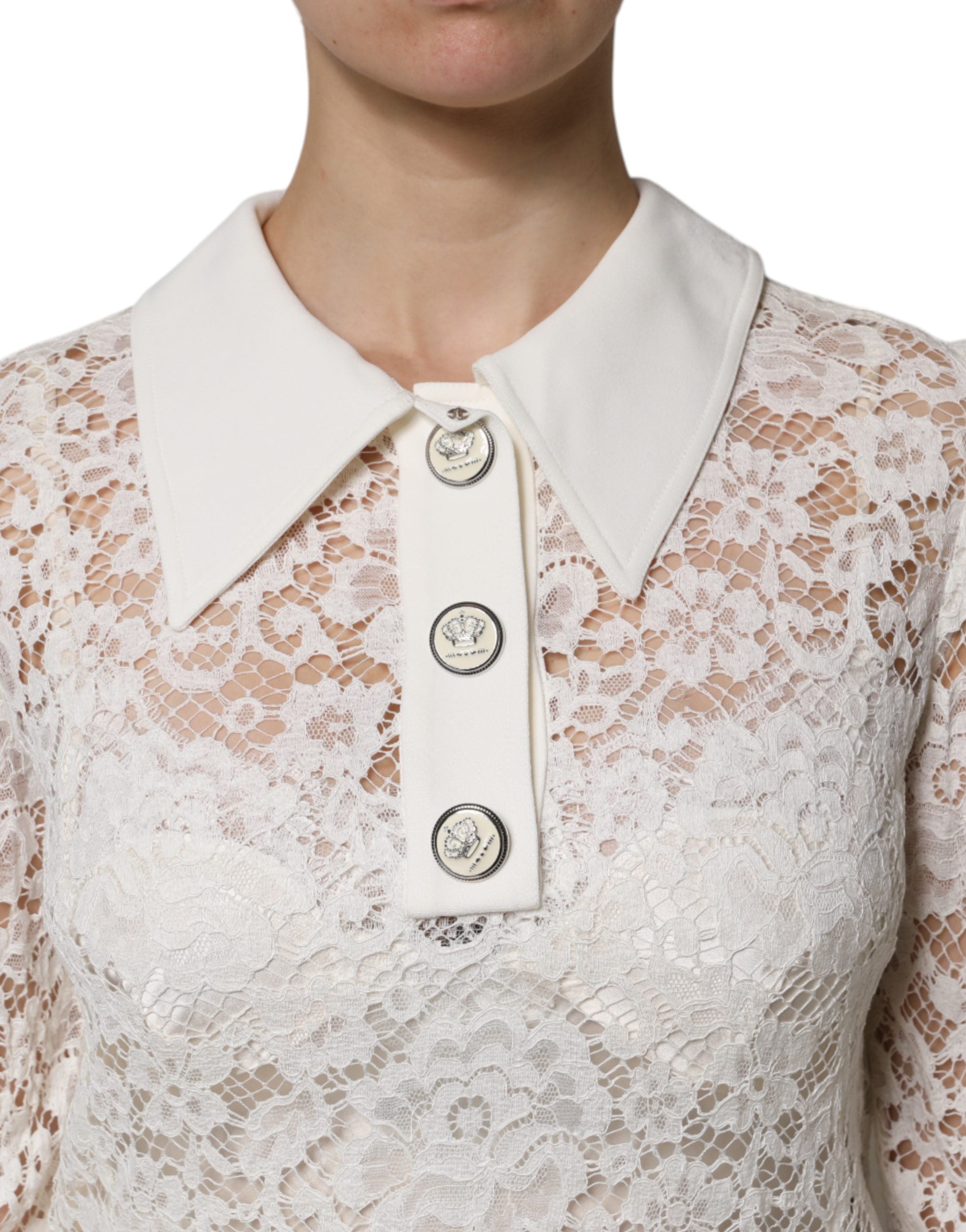 Dolce & Gabbana White Floral Lace Viscose Collared Mini Dress Dolce & Gabbana