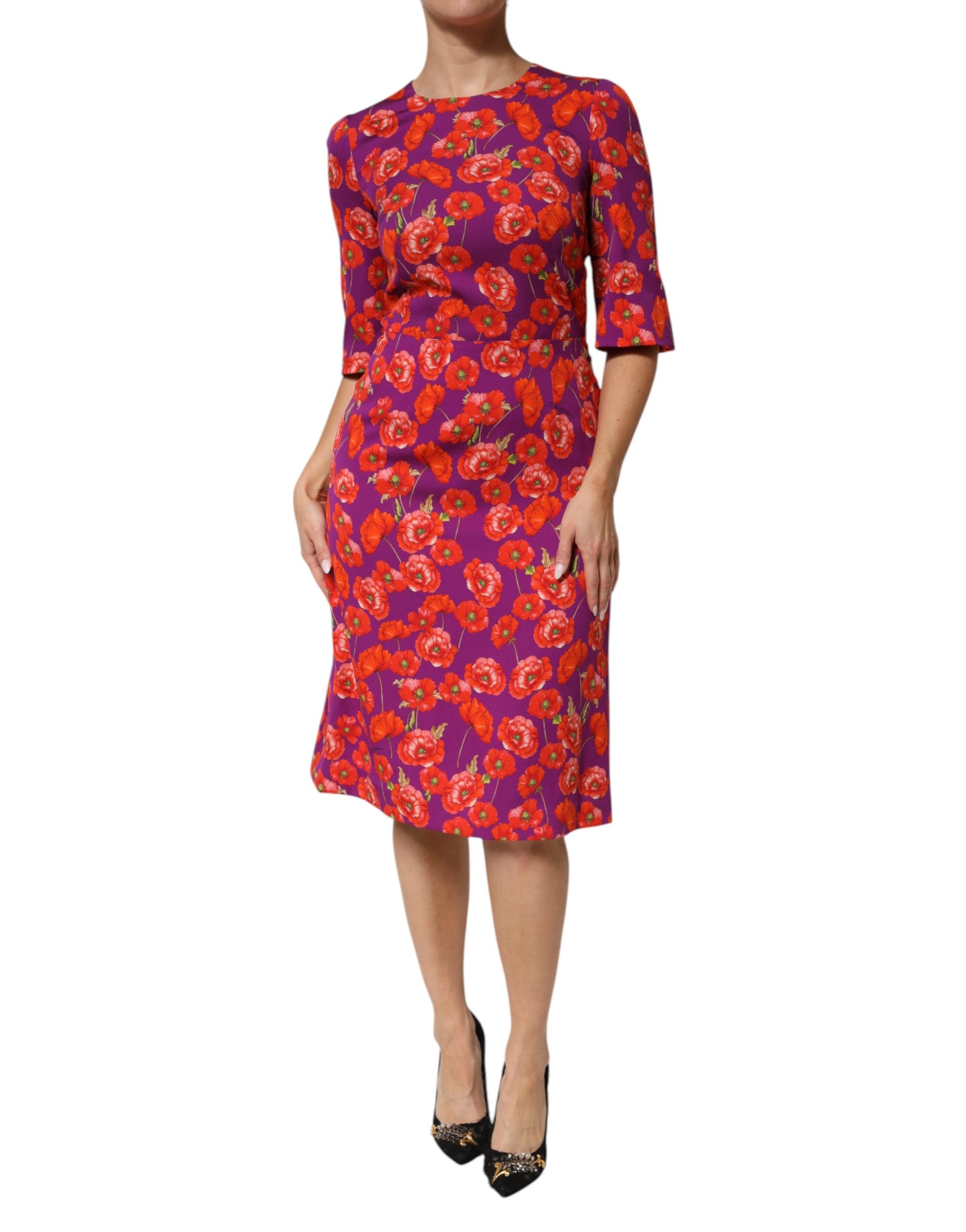 Dolce & Gabbana Purple Silk Floral Print Midi Sheath Dress Dolce & Gabbana