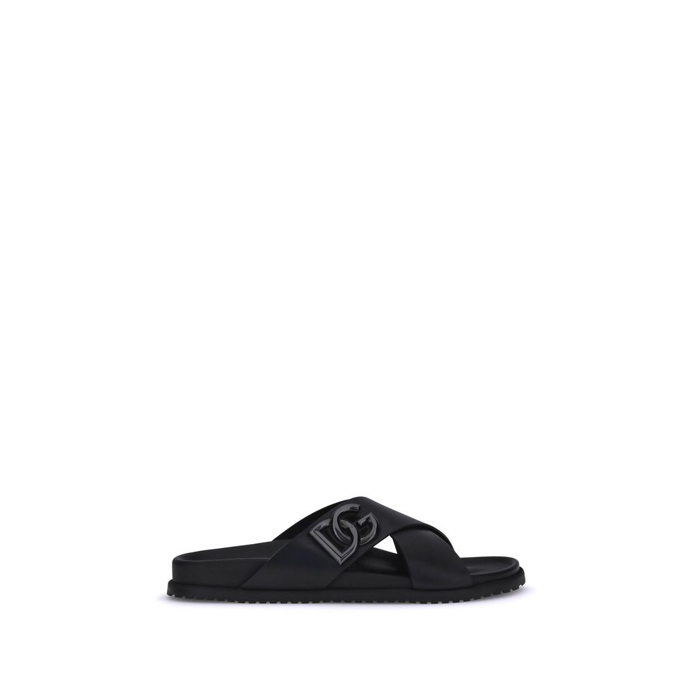 Dolce & Gabbana Black Calf Leather Bos Taurus Flat Sandals Dolce & Gabbana