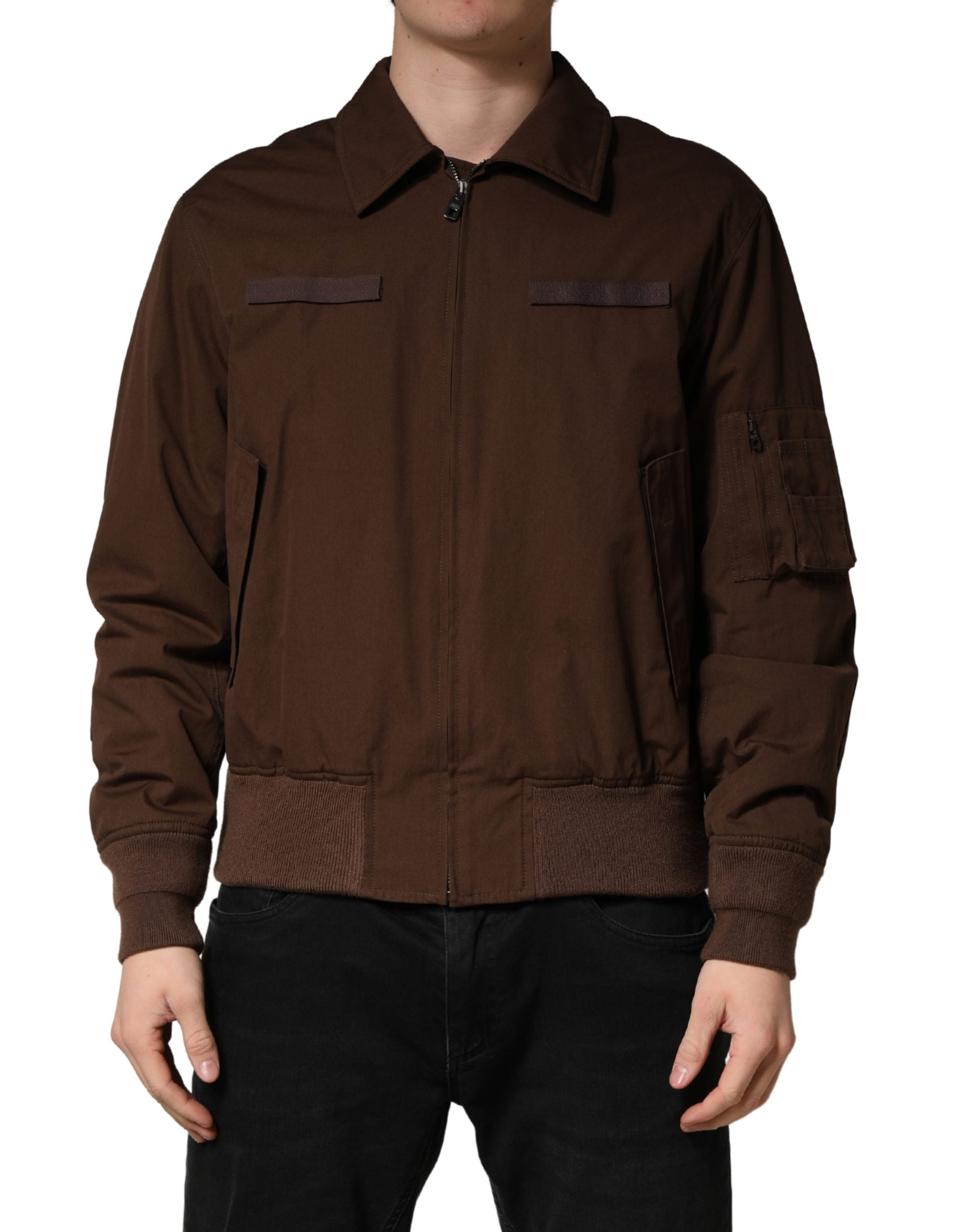 Dolce & Gabbana Brown Cotton Stretch Full Zip Bomber Jacket Dolce & Gabbana