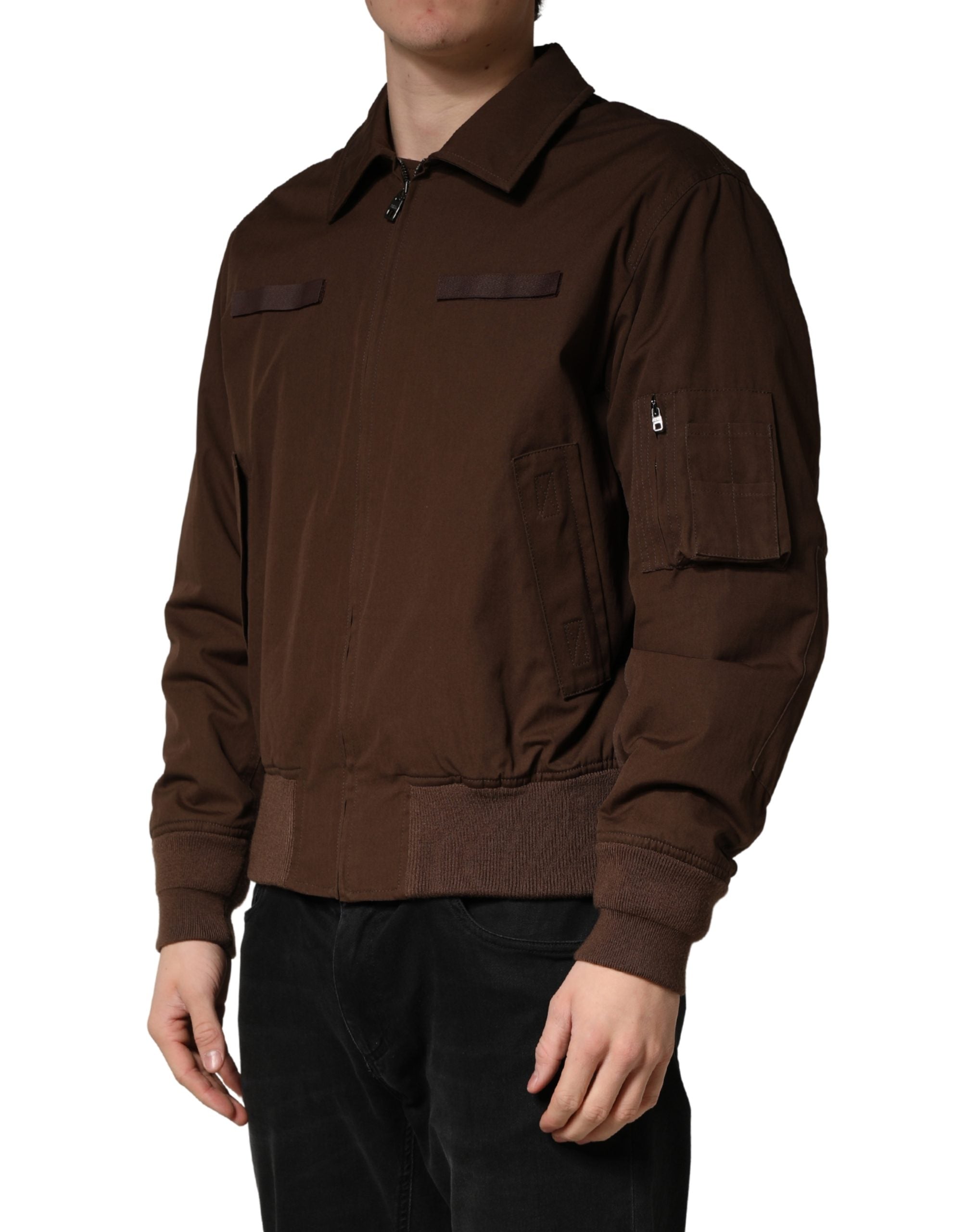 Dolce & Gabbana Brown Cotton Stretch Full Zip Bomber Jacket Dolce & Gabbana