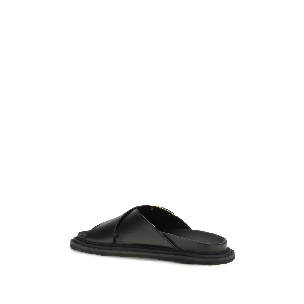 Moschino Black Calf Leather Bos Taurus Flat Sandals Moschino