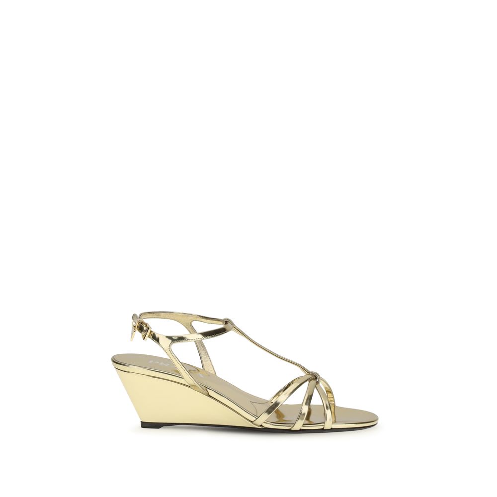Prada Gold Calf Leather Bos Taurus Wedge Sandals Prada