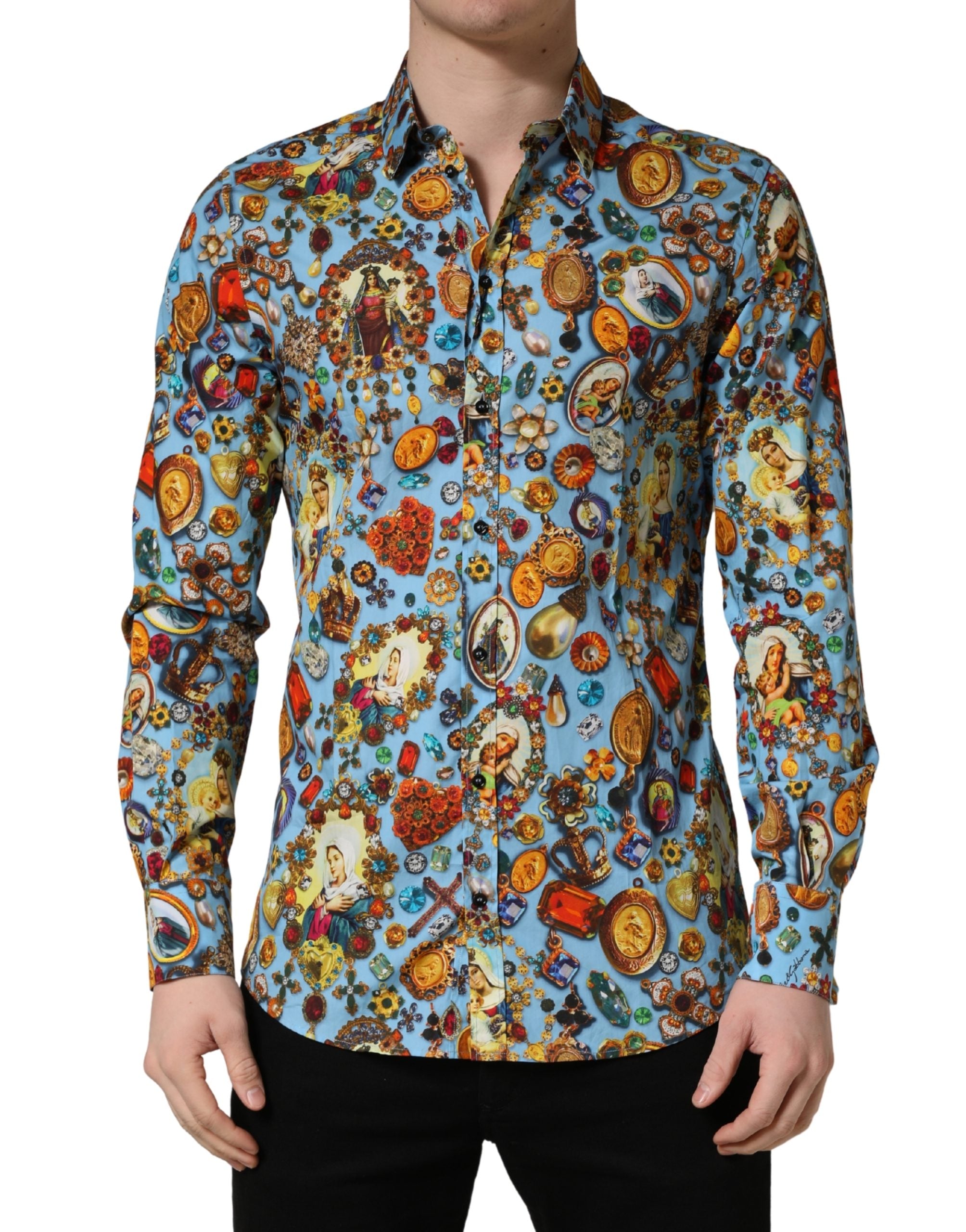 Dolce & Gabbana Blue Cotton Jewel Print Button Down GOLD Shirt Dolce & Gabbana