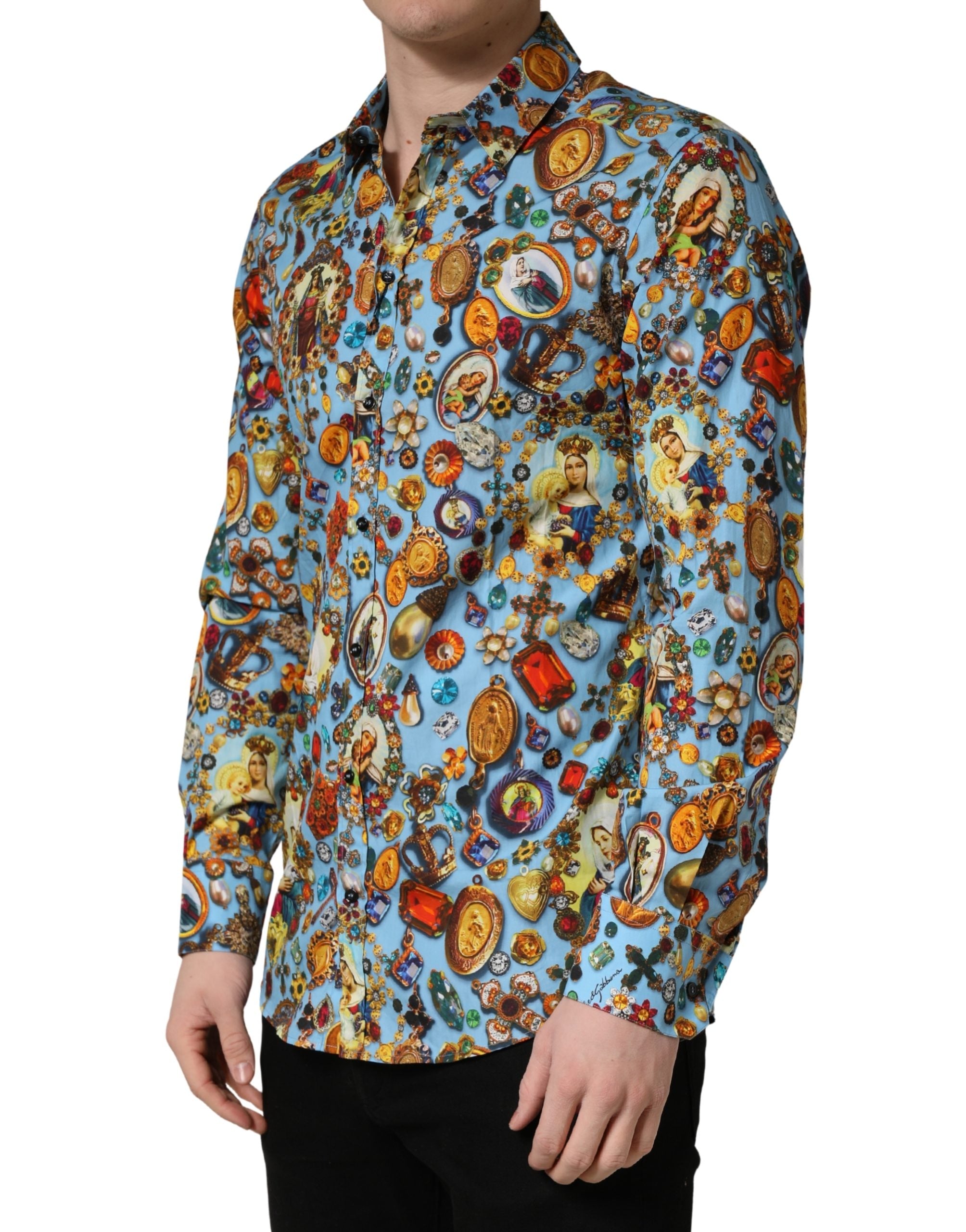 Dolce & Gabbana Blue Cotton Jewel Print Button Down GOLD Shirt Dolce & Gabbana