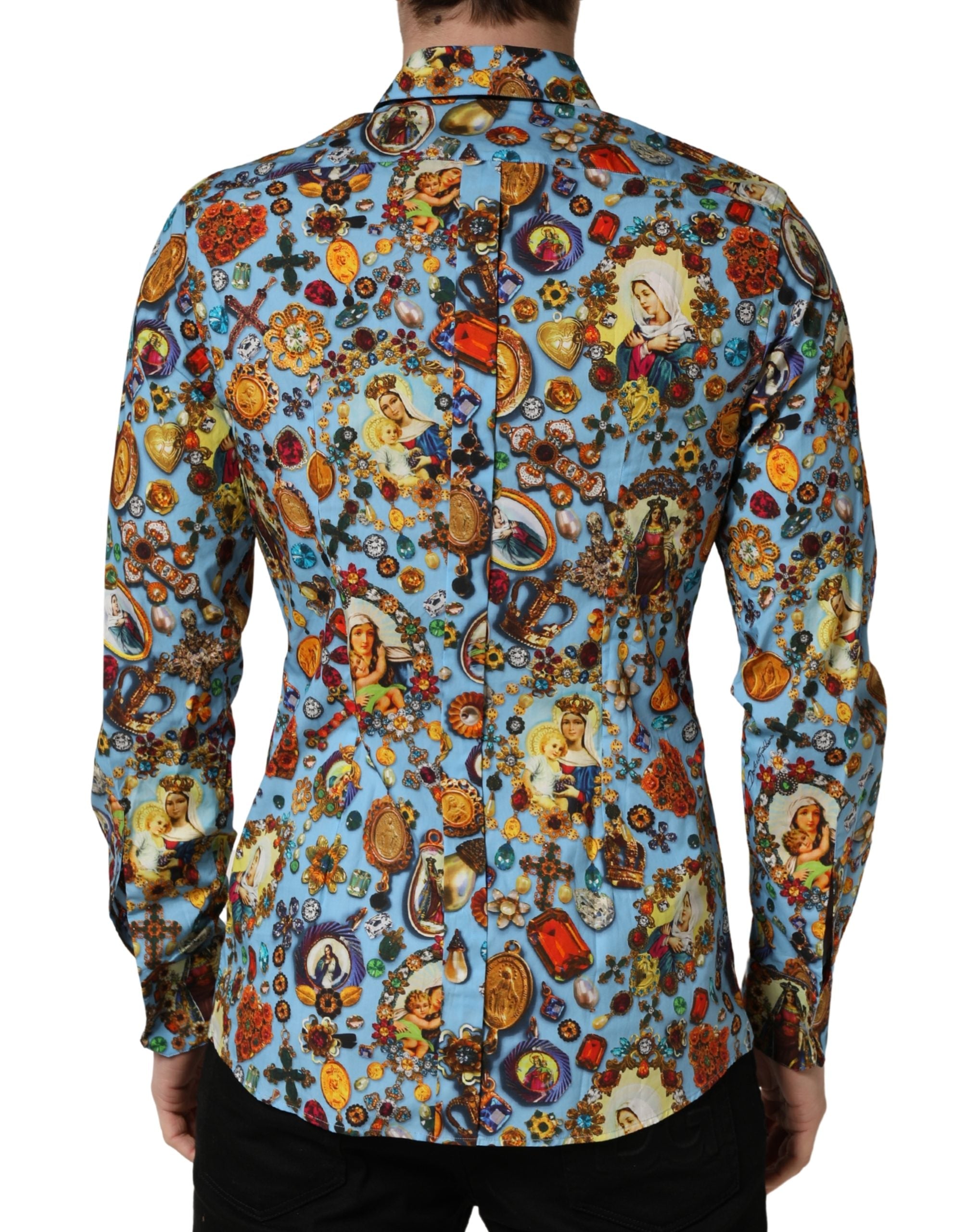 Dolce & Gabbana Blue Cotton Jewel Print Button Down GOLD Shirt Dolce & Gabbana