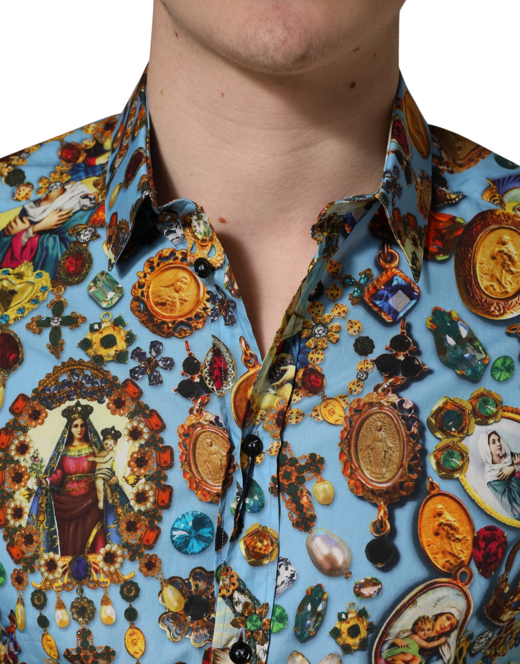Dolce & Gabbana Blue Cotton Jewel Print Button Down GOLD Shirt Dolce & Gabbana