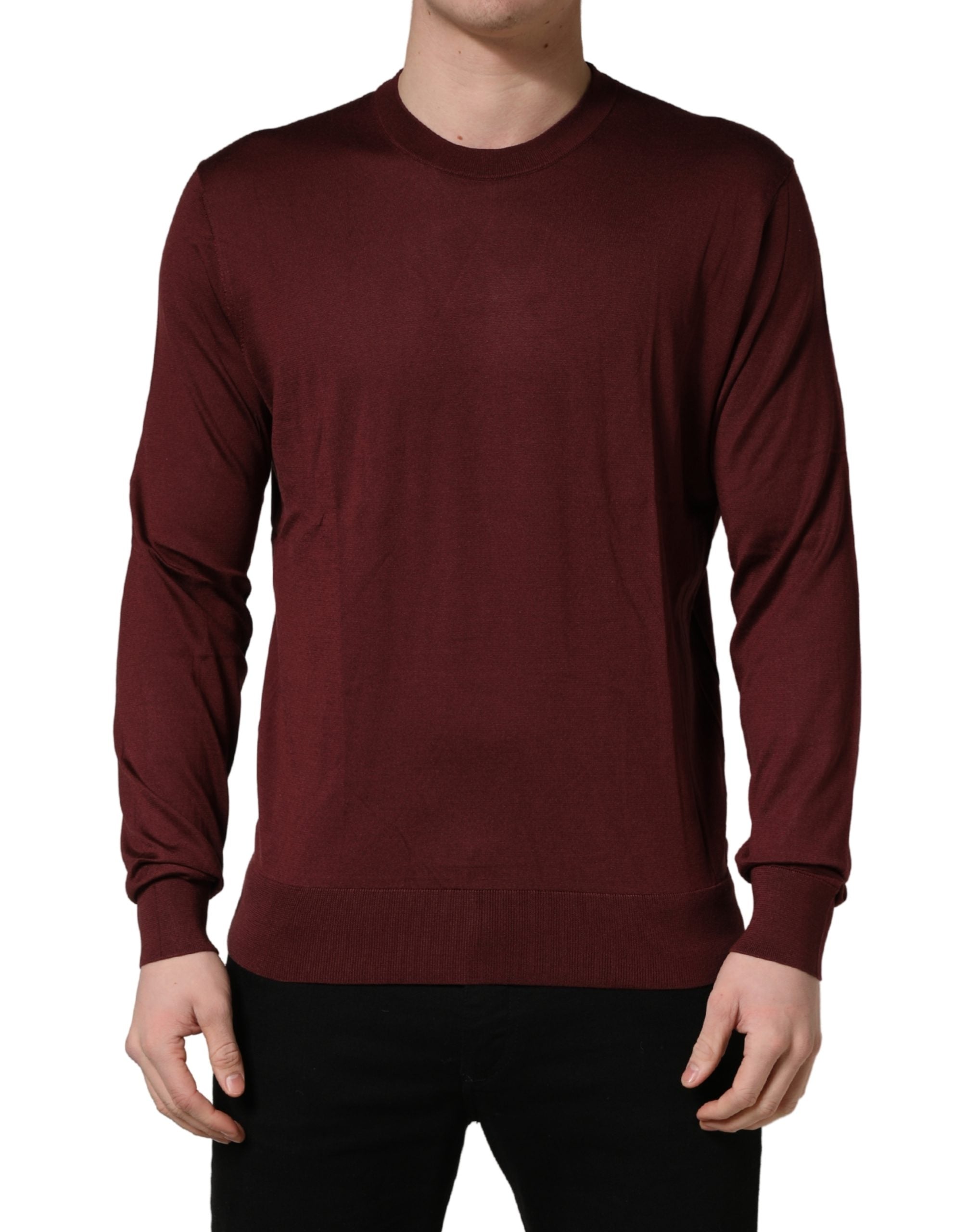 Dolce & Gabbana Maroon Silk Men Crew Neck Pullover Sweater Dolce & Gabbana