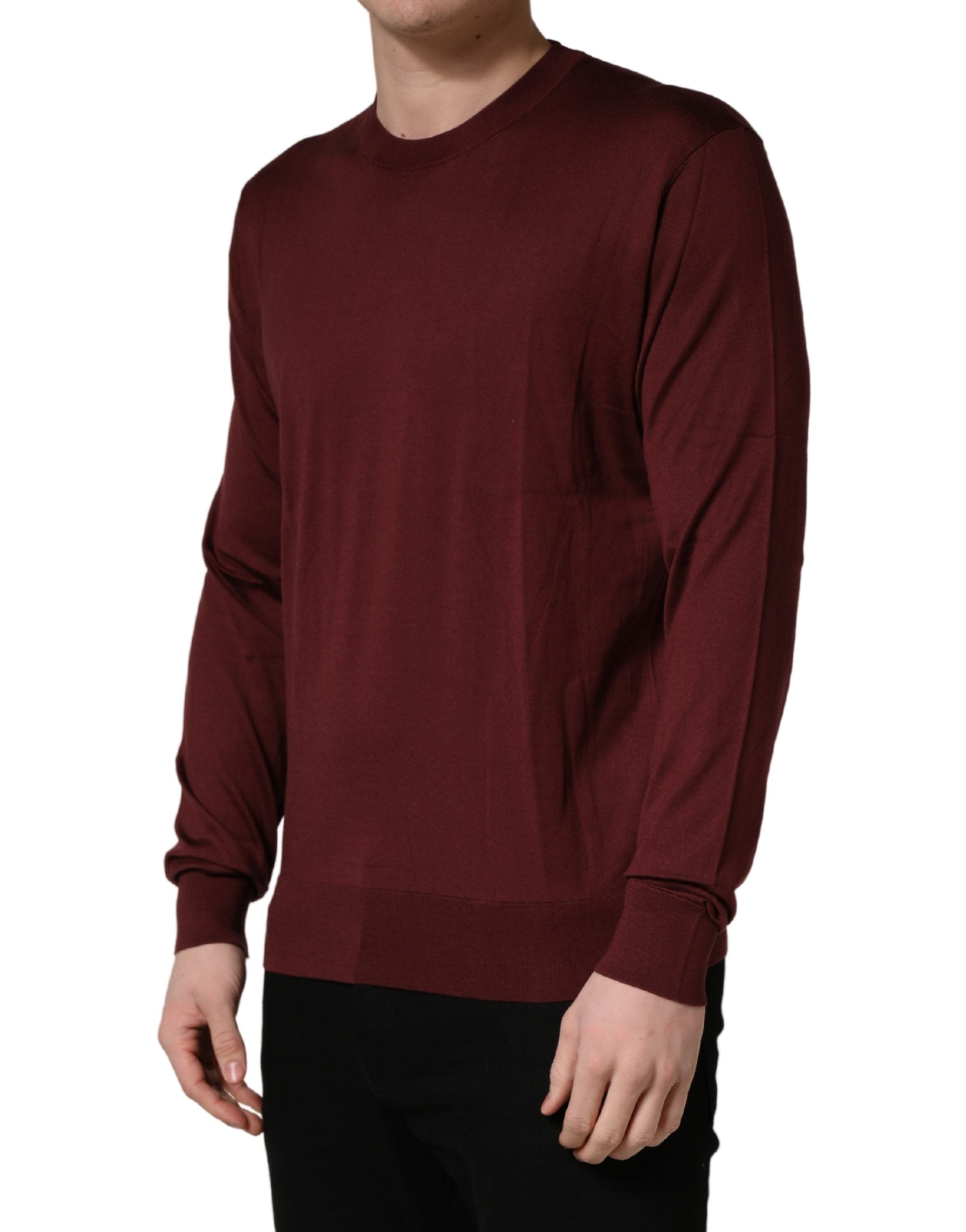 Dolce & Gabbana Maroon Silk Men Crew Neck Pullover Sweater Dolce & Gabbana