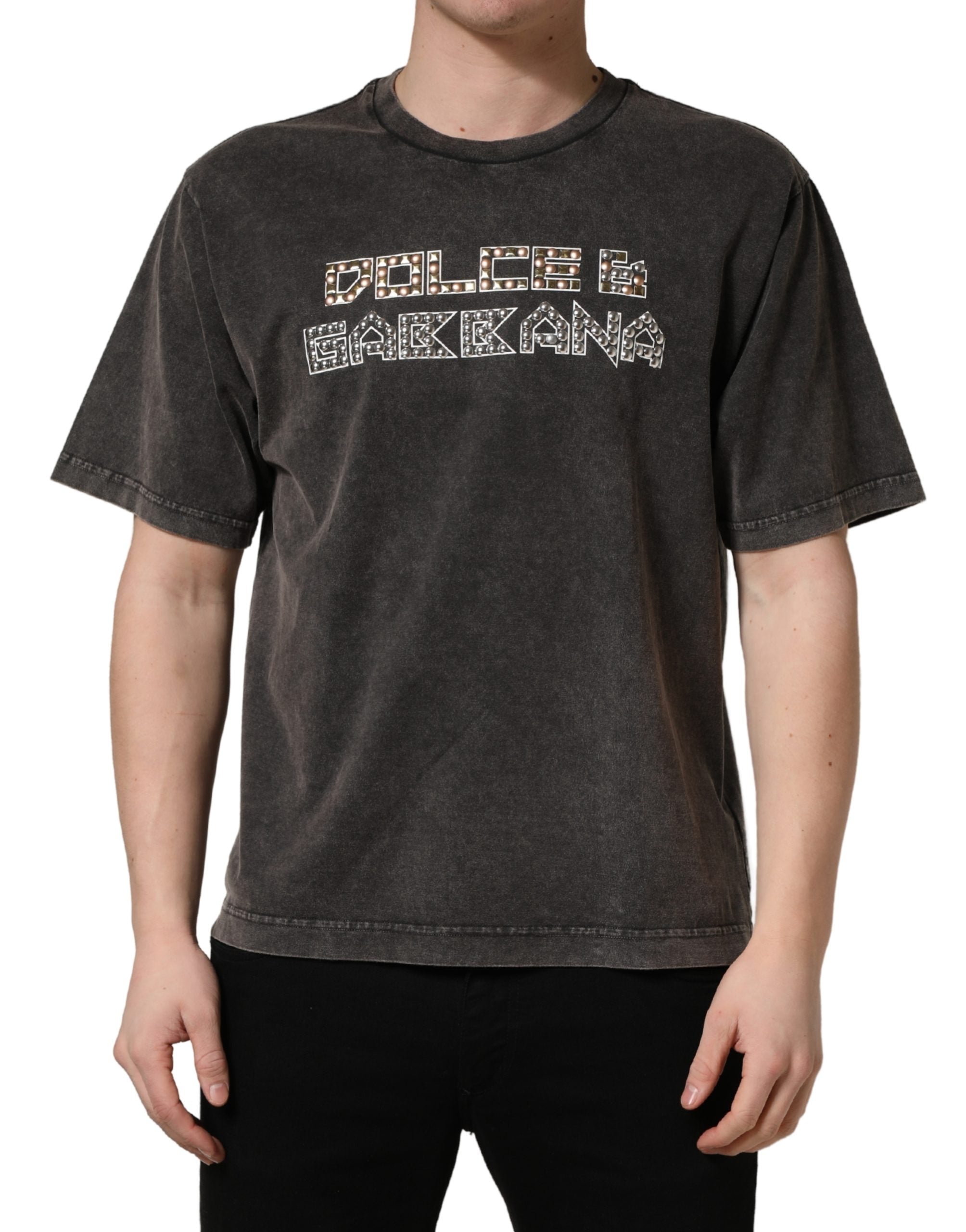 Dolce & Gabbana Gray Logo Embellished Men Crew Neck T-shirt Dolce & Gabbana