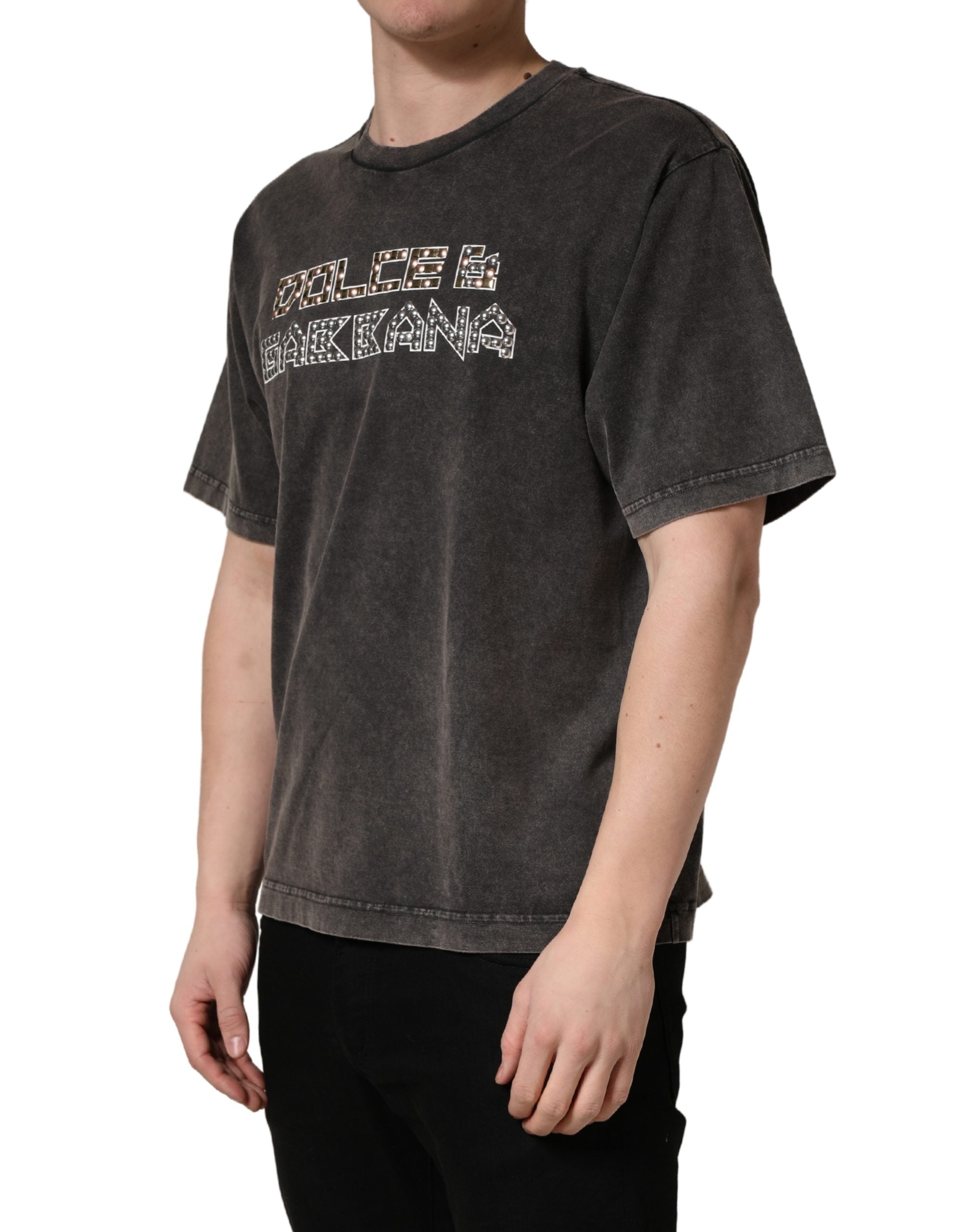 Dolce & Gabbana Gray Logo Embellished Men Crew Neck T-shirt Dolce & Gabbana