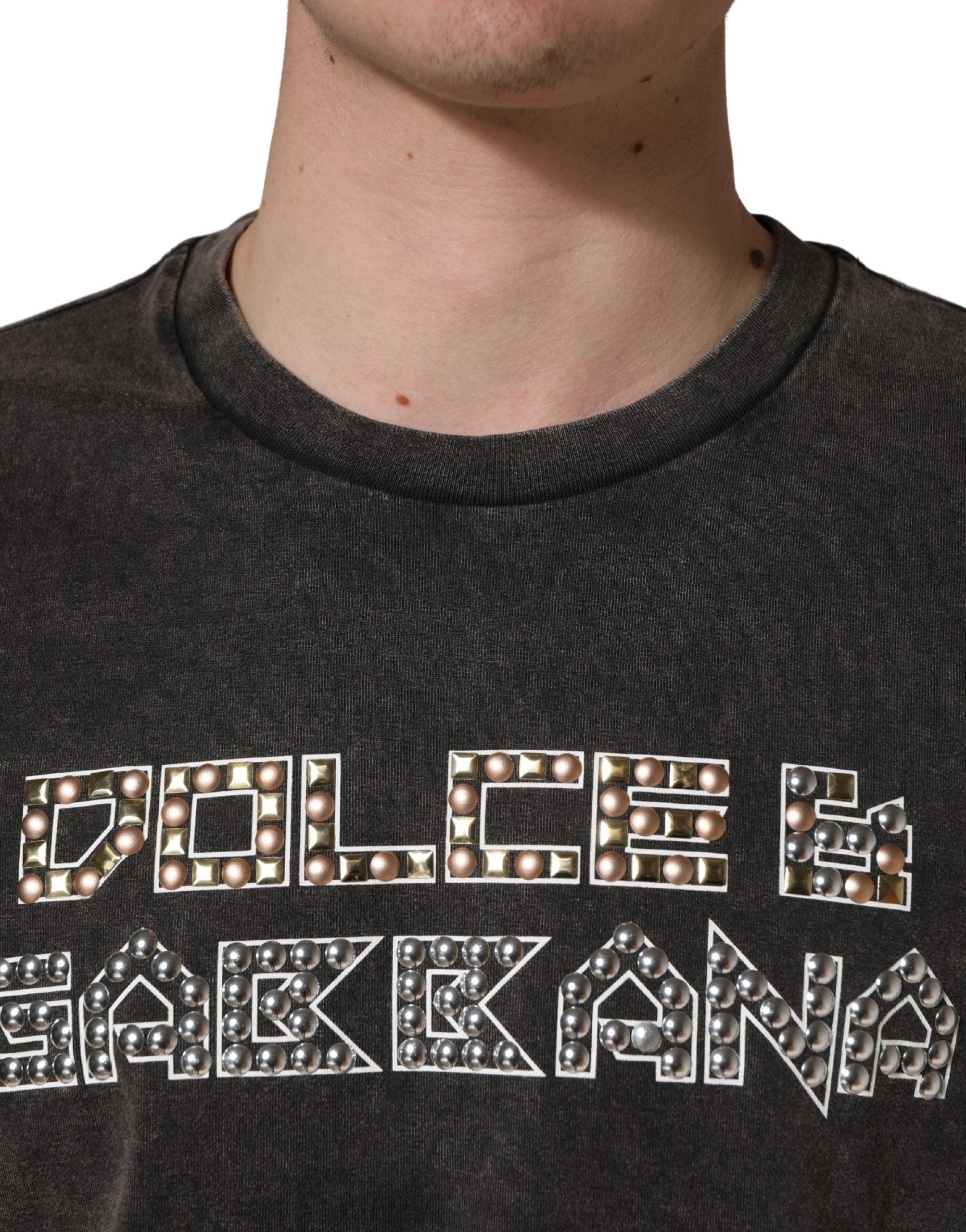 Dolce & Gabbana Gray Logo Embellished Men Crew Neck T-shirt Dolce & Gabbana