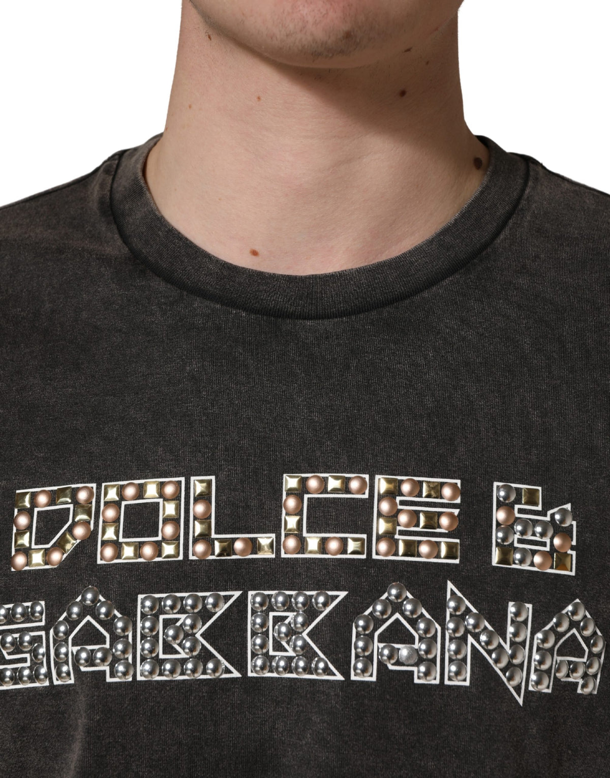 Dolce & Gabbana Gray Logo Embellished Men Crew Neck T-shirt