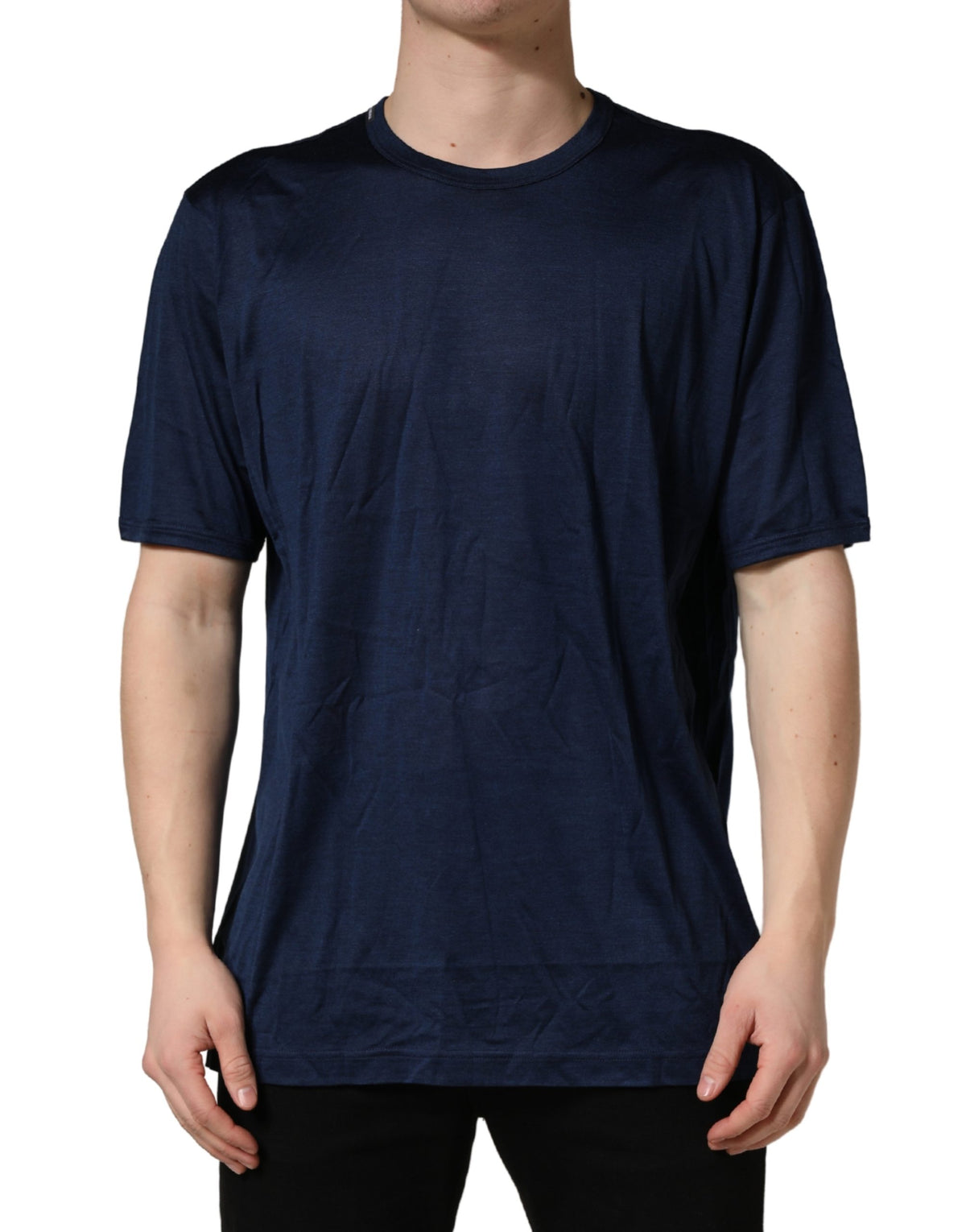 Dolce & Gabbana Dark Blue Silk Short Sleeve CrewNeck T-shirt