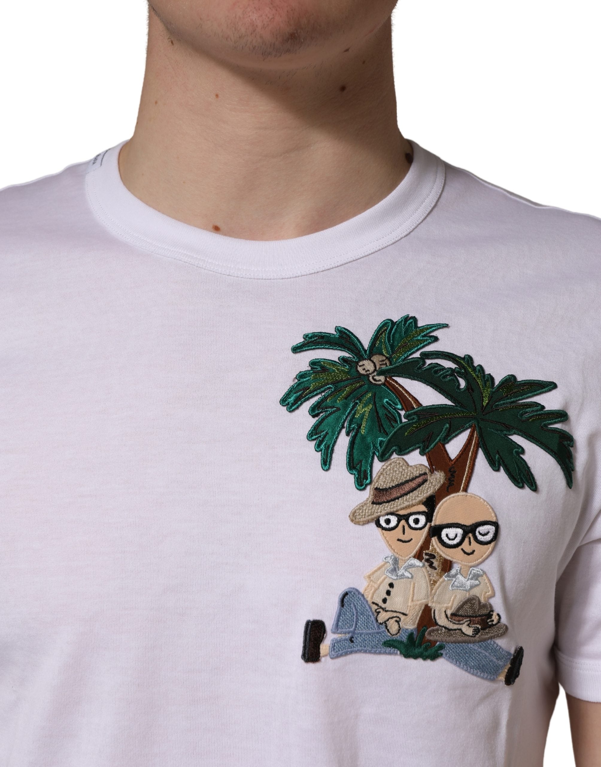 Dolce & Gabbana White Palm Embroidered Men Crew Neck T-shirt Dolce & Gabbana