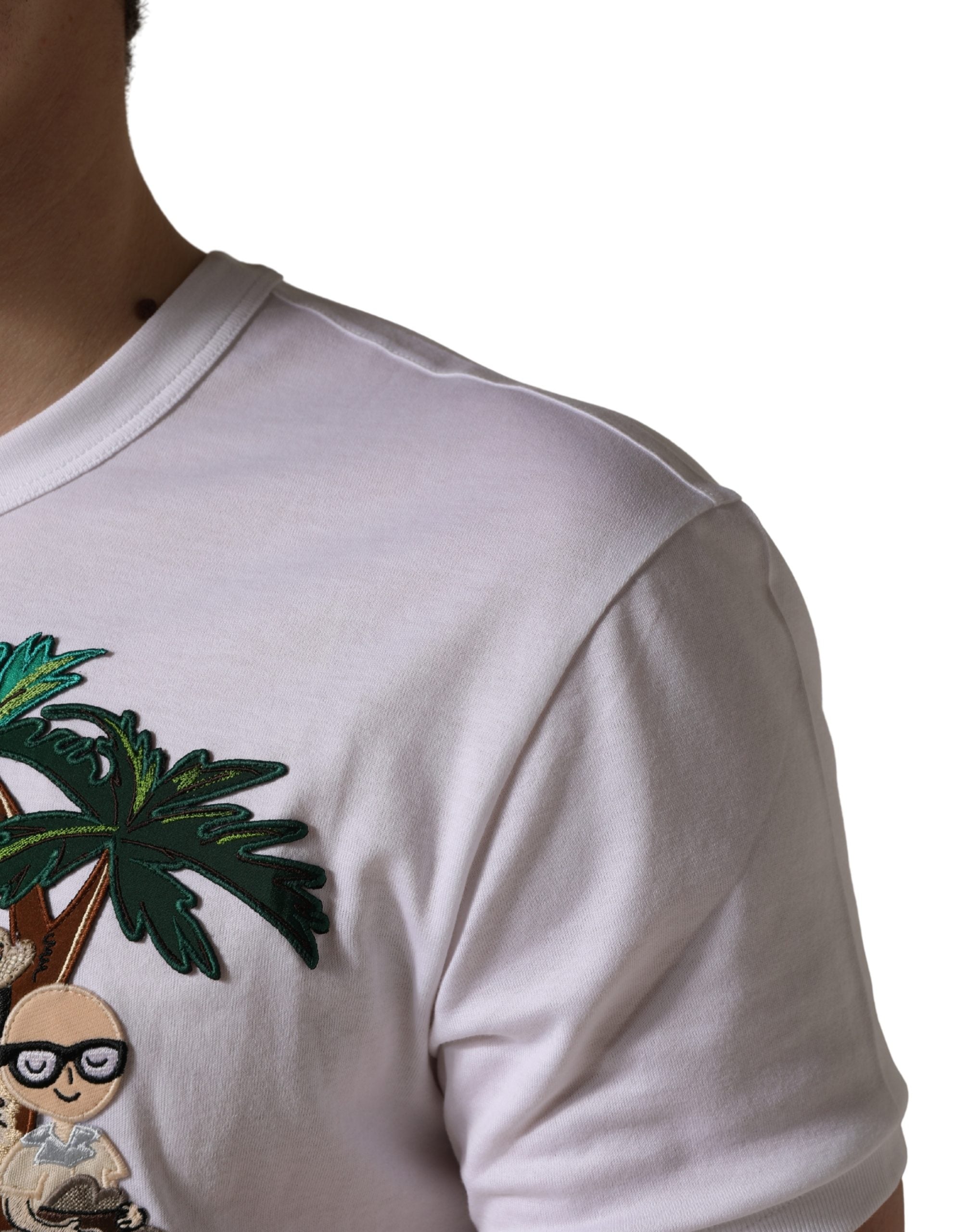 Dolce & Gabbana White Palm Embroidered Men Crew Neck T-shirt Dolce & Gabbana