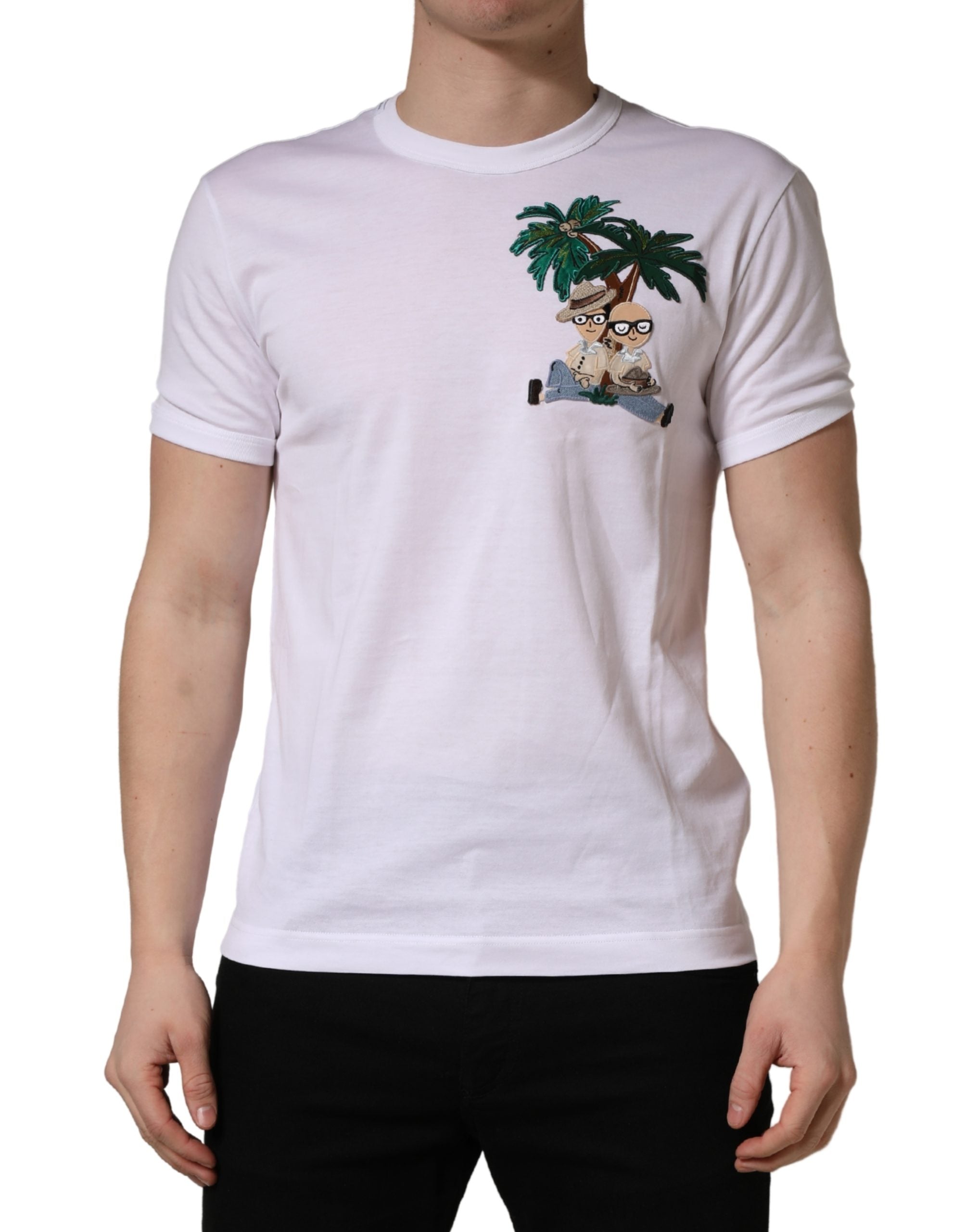 Dolce & Gabbana White Palm Embroidered Men Crew Neck T-shirt Dolce & Gabbana
